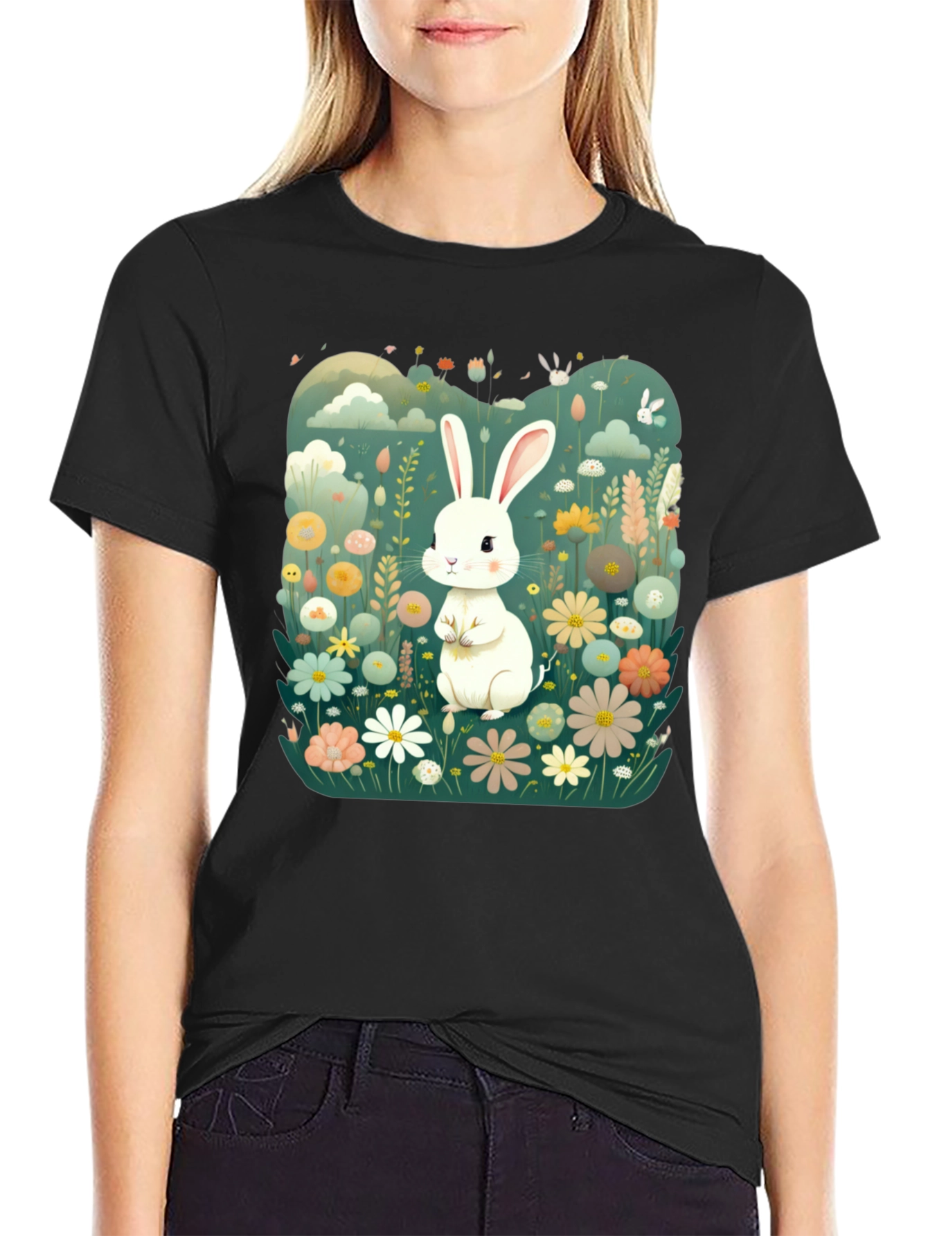 Cute Bunny in Flower Field Graphic Tee