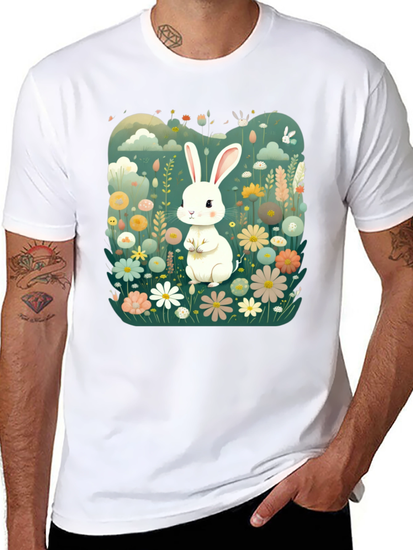 Cute Bunny in Flower Field Graphic Tee