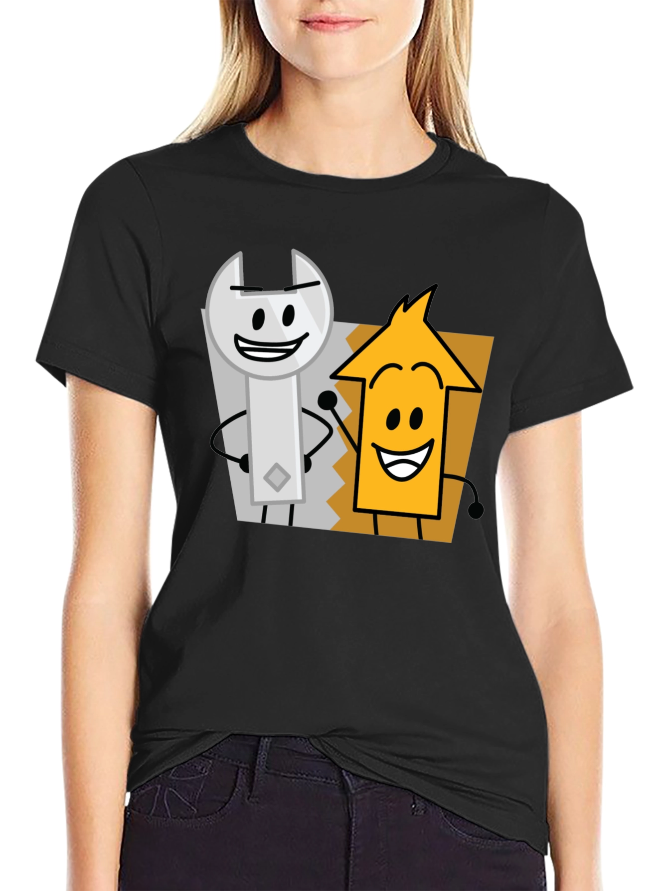 Cartoon Character Graphic Tee - Black Cotton Casual