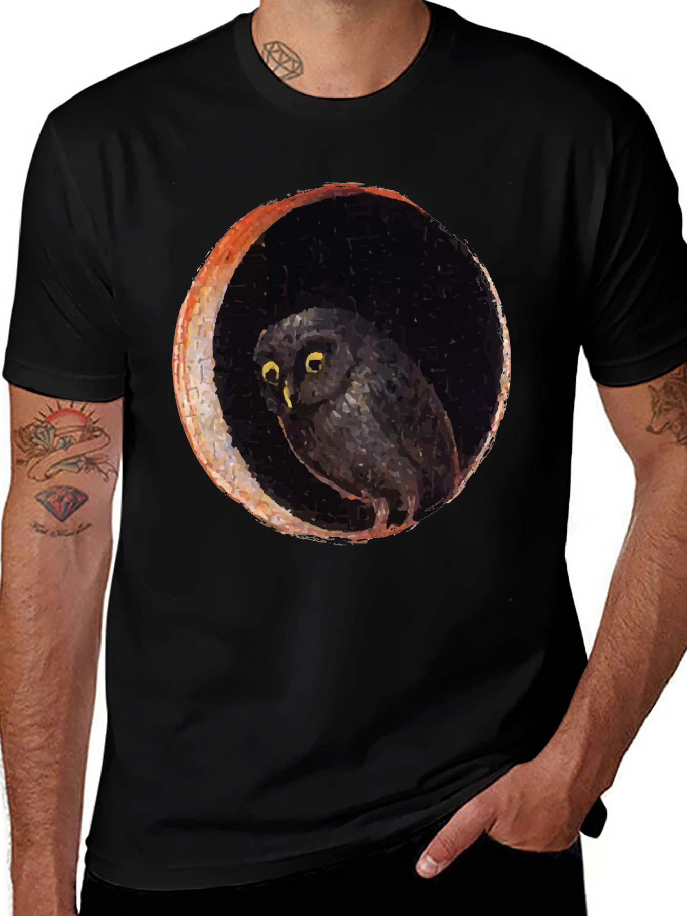Owl and Moon Graphic Black T-Shirt
