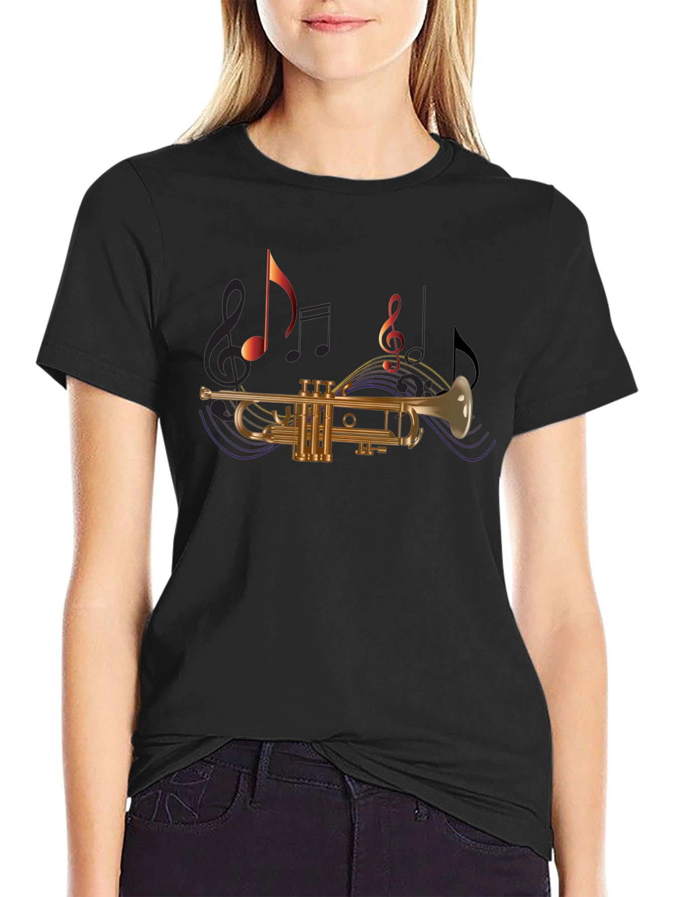 Trumpet & Music Note T-Shirt - Black