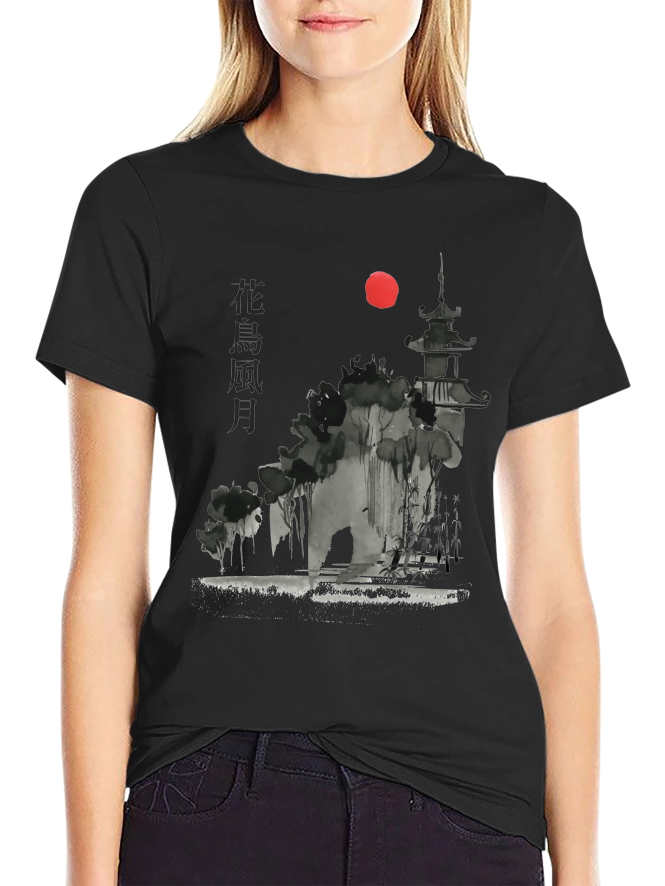 Japanese Pagoda Sunset Graphic Tee - Black Cotton T-Shirt
