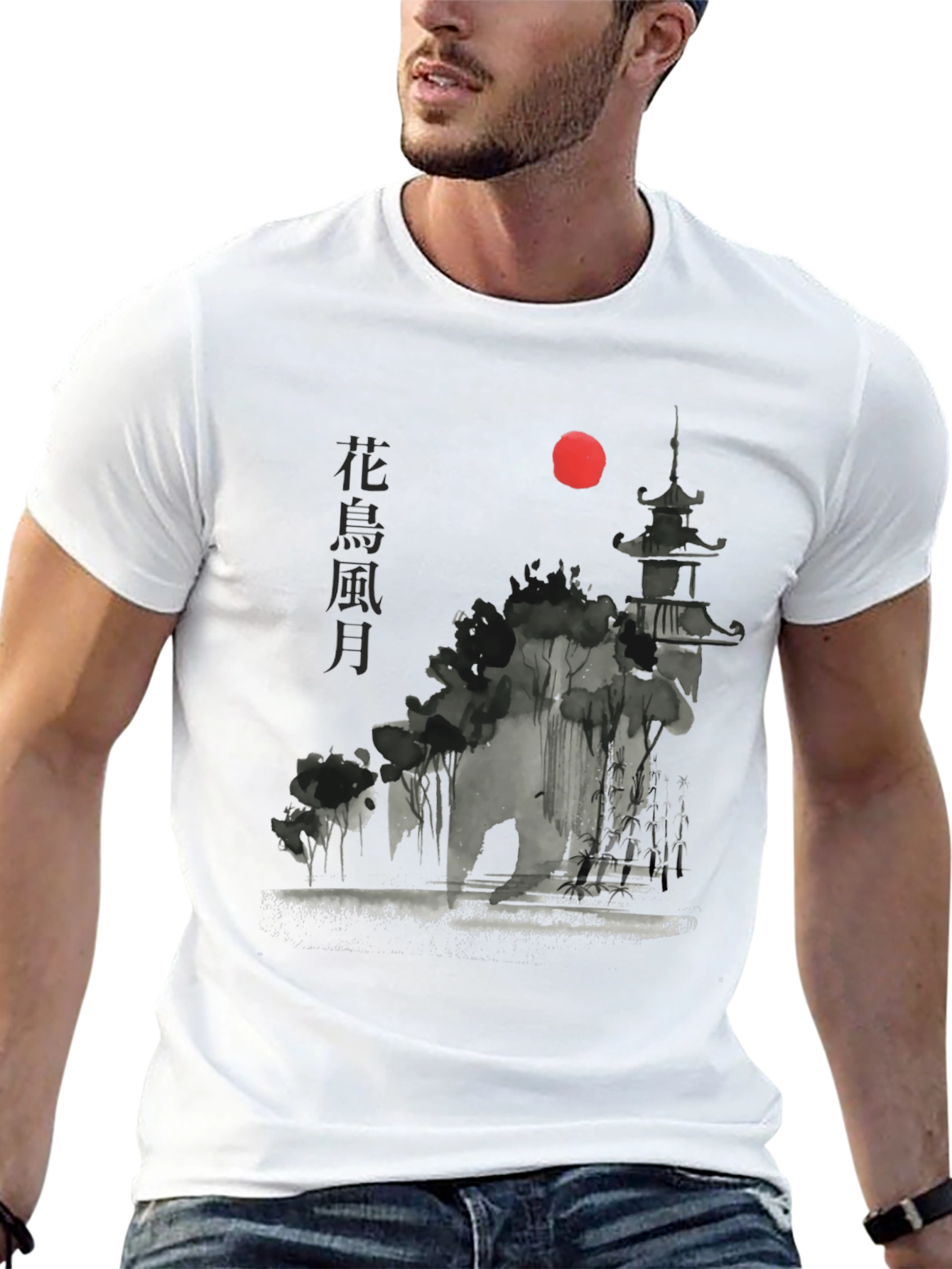 Japanese Pagoda Sunset Graphic Tee - Black Cotton T-Shirt