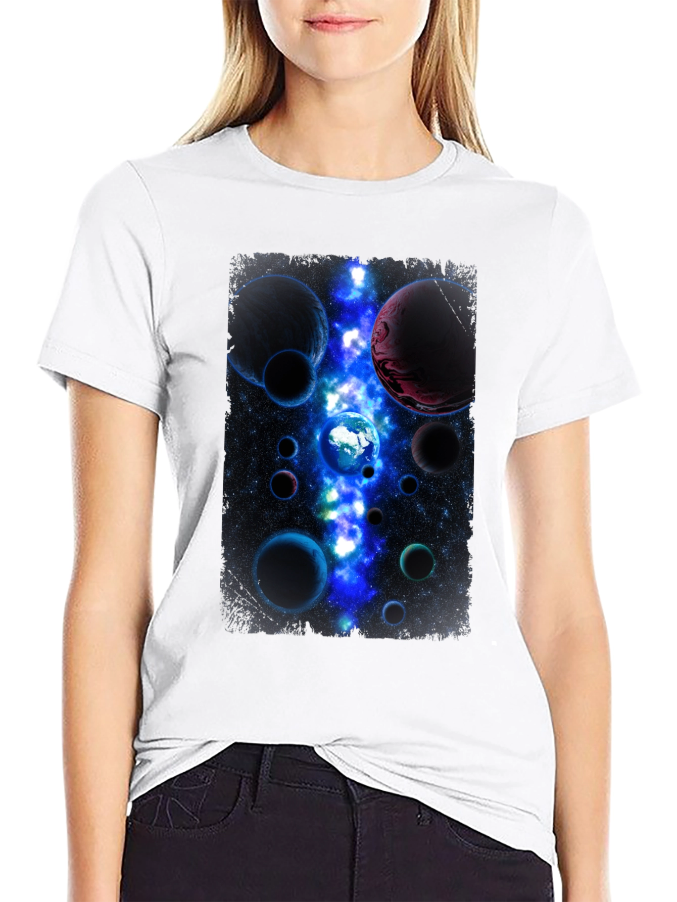 Cosmic Planets Graphic Print Black T-Shirt