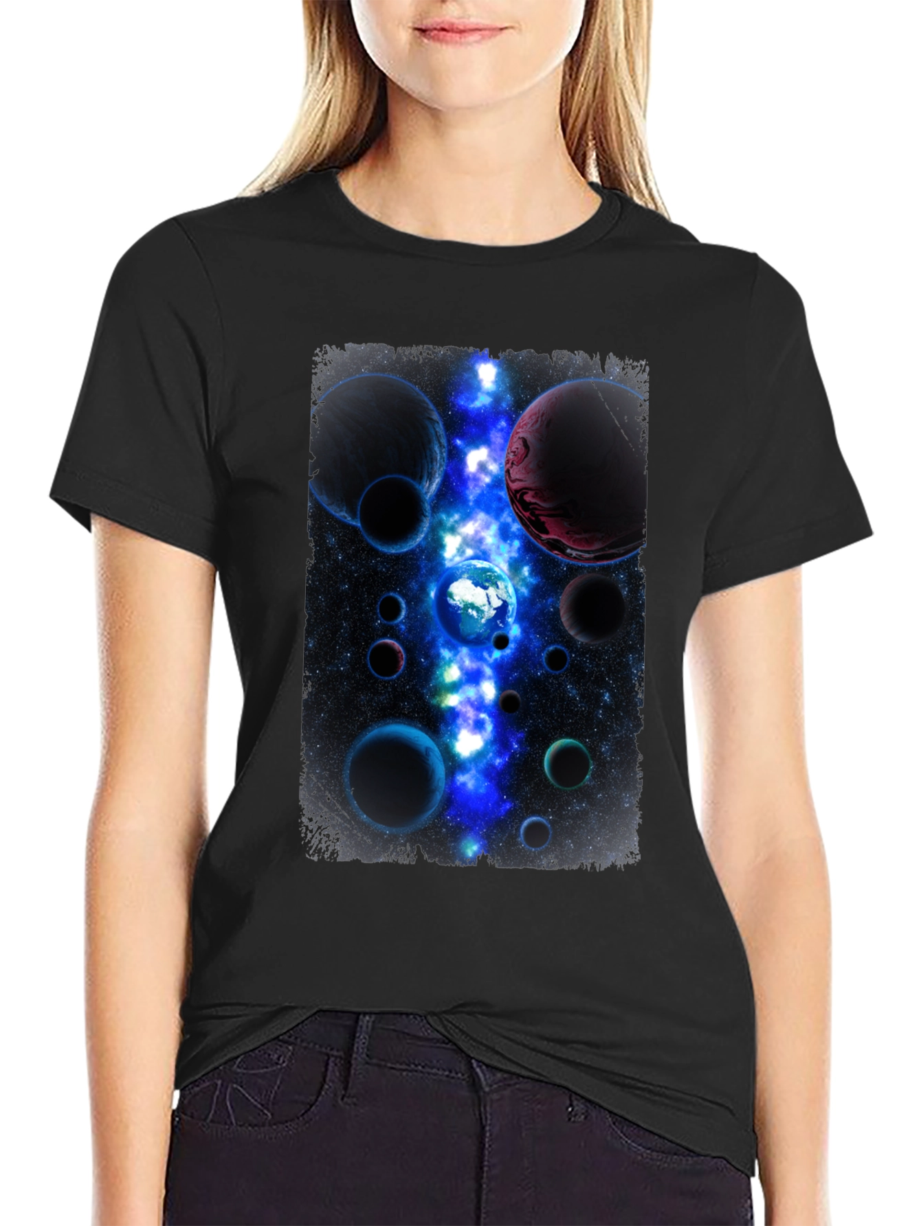 Cosmic Planets Graphic Print Black T-Shirt