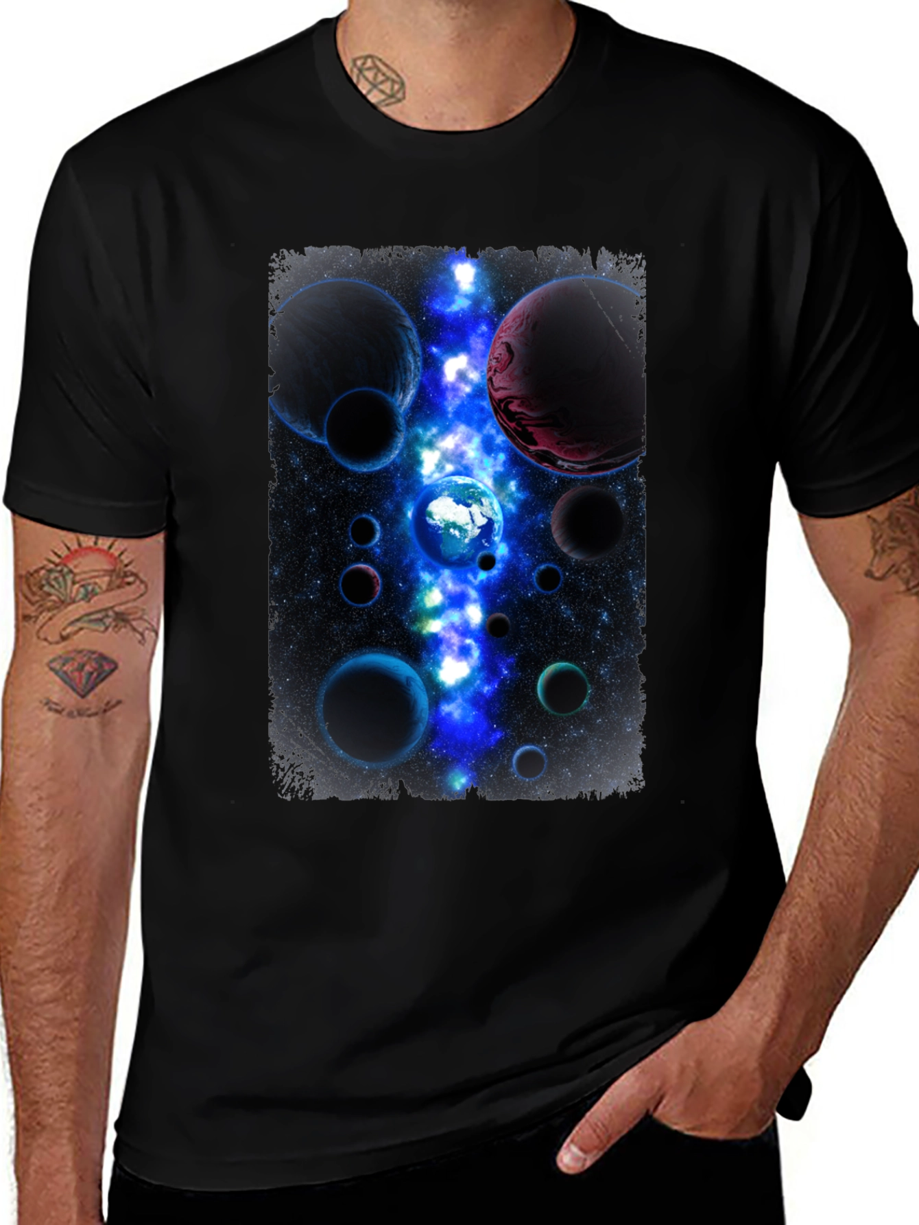 Cosmic Planets Graphic Print Black T-Shirt