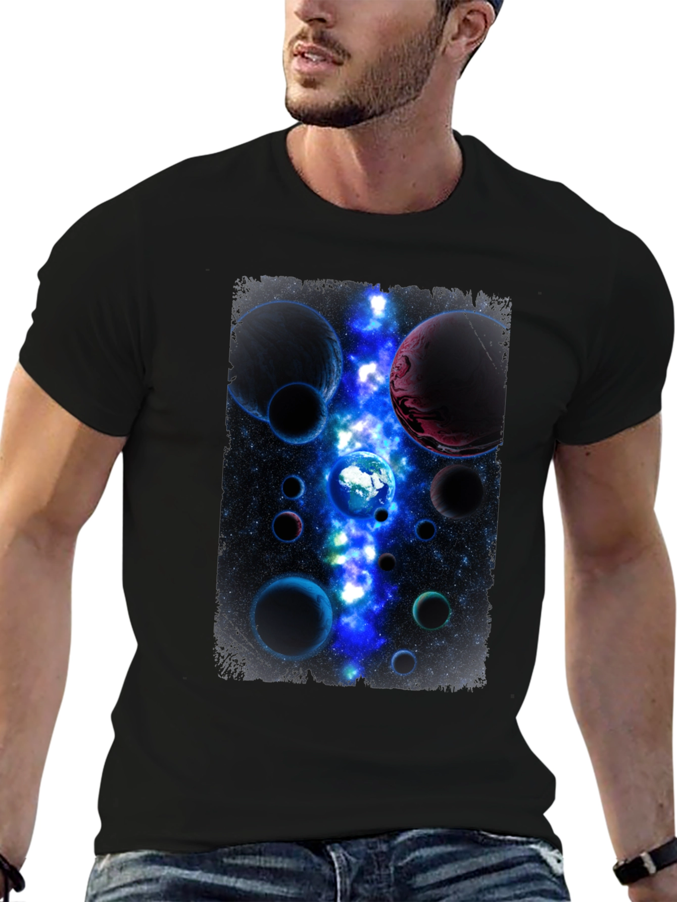 Cosmic Planets Graphic Print Black T-Shirt