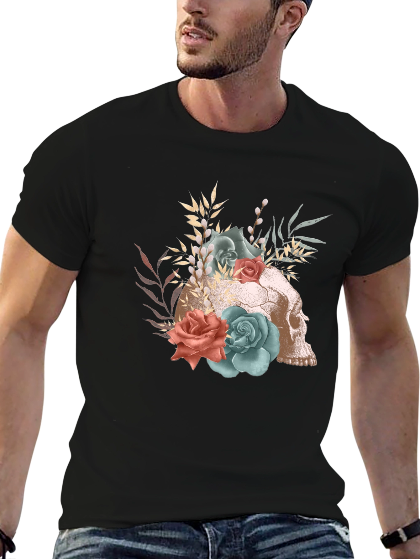 Floral Skull Graphic T-Shirt - Gothic Fashion Tee