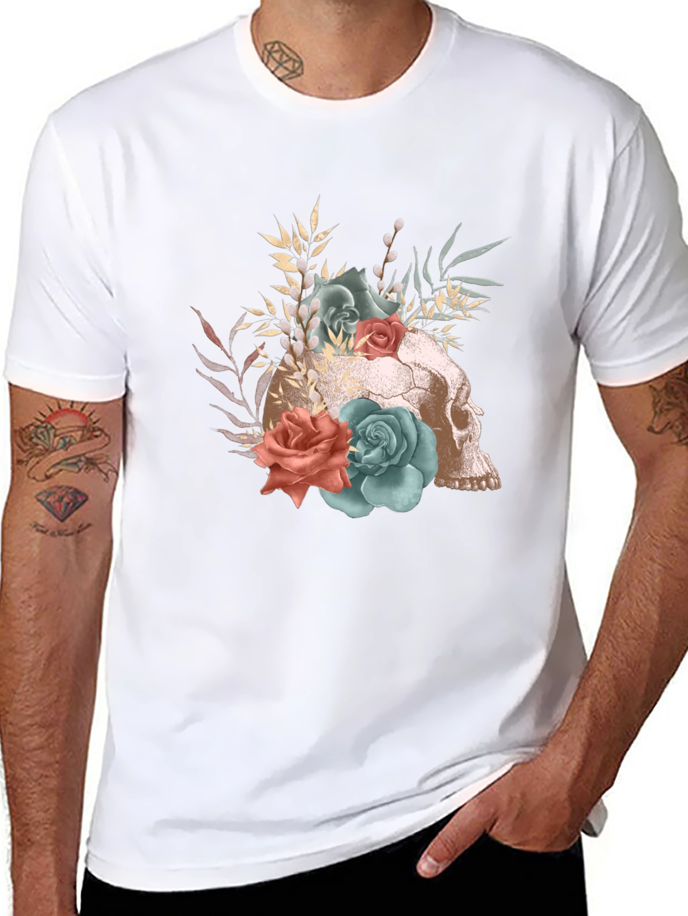 Floral Skull Graphic T-Shirt - Gothic Fashion Tee