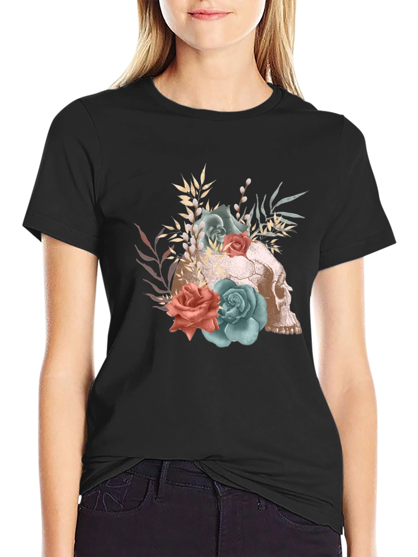 Floral Skull Graphic T-Shirt - Gothic Fashion Tee
