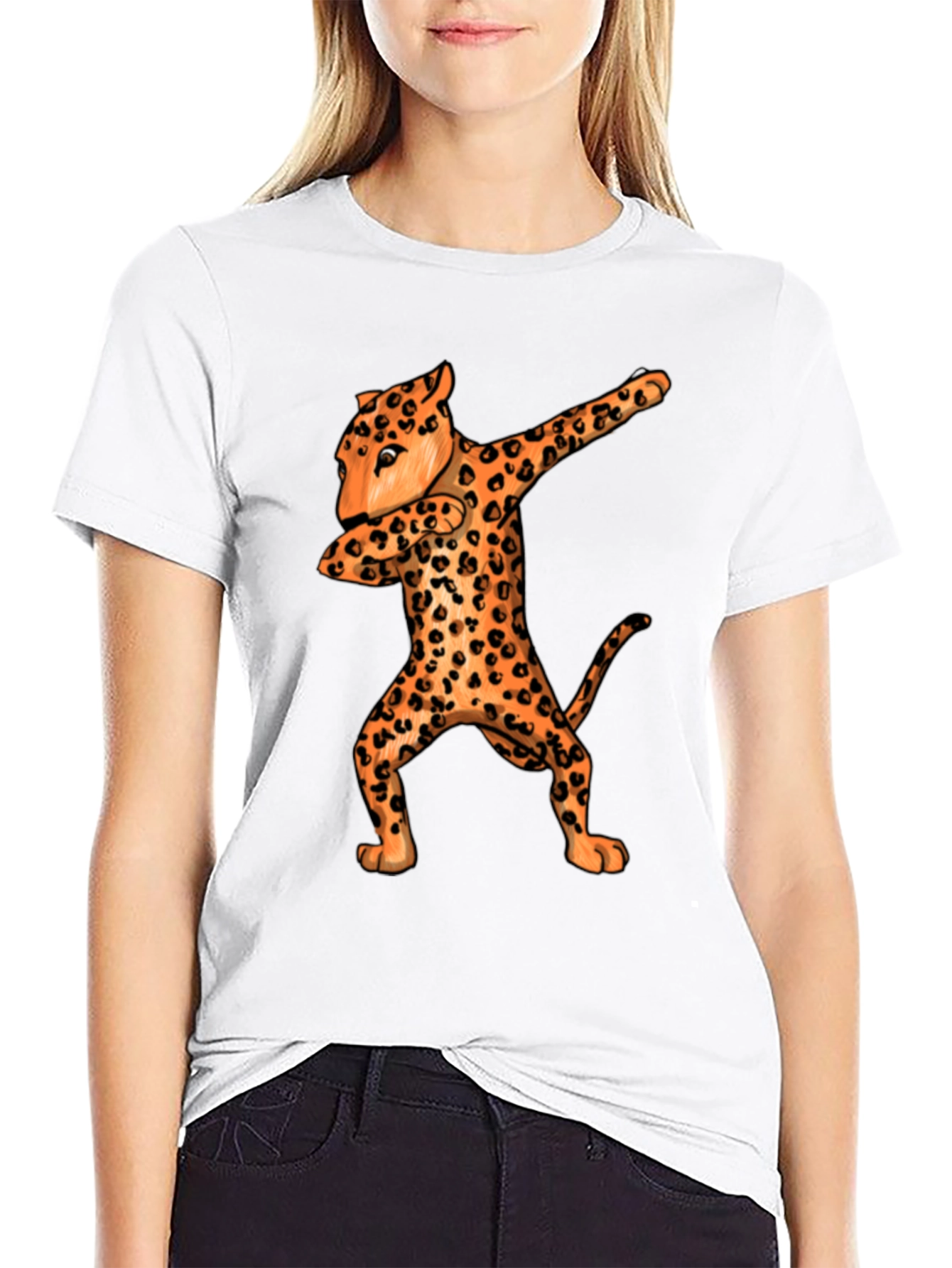 Dabbing Leopard Graphic Tee - Black Crew Neck