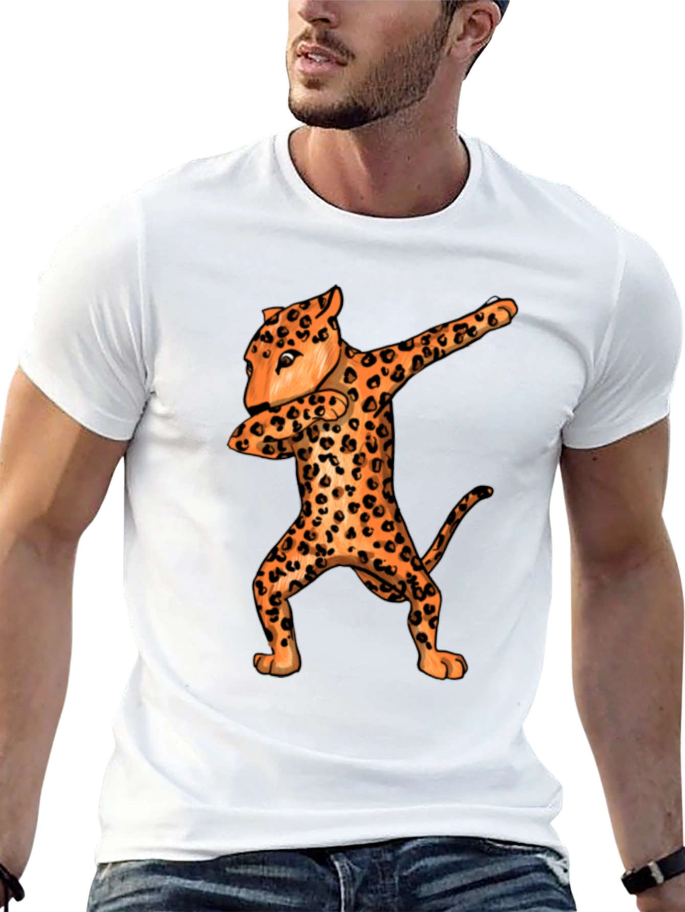 Dabbing Leopard Graphic Tee - Black Crew Neck