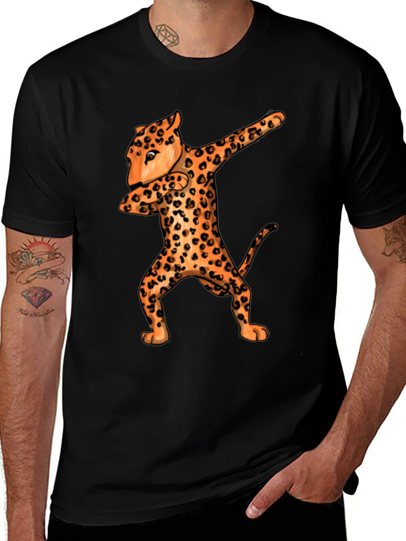 Dabbing Leopard Graphic Tee - Black Crew Neck