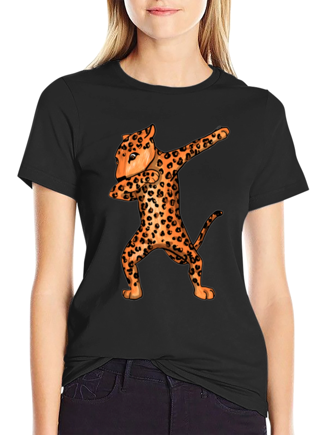 Dabbing Leopard Graphic Tee - Black Crew Neck