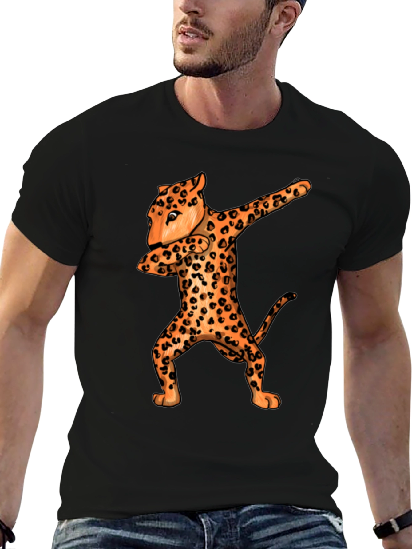 Dabbing Leopard Graphic Tee - Black Crew Neck