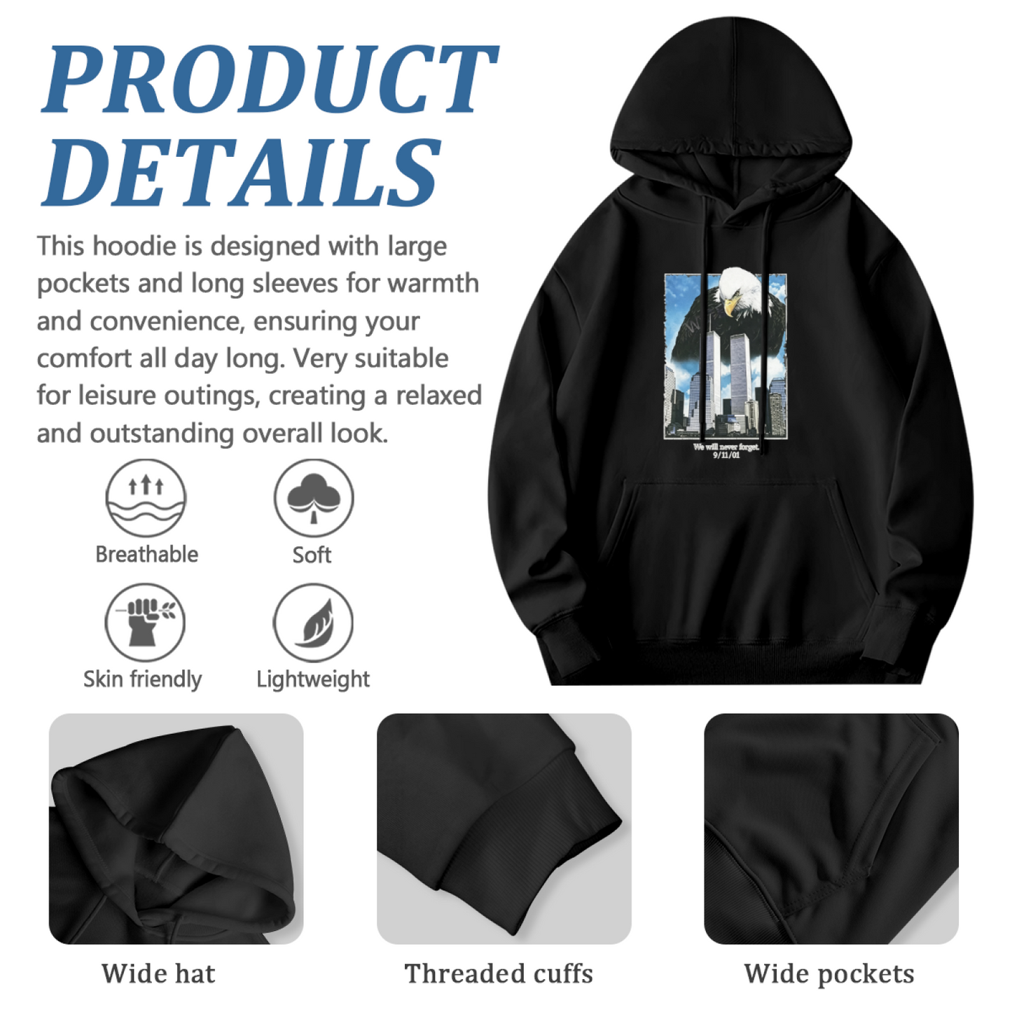 Bald Eagle & Twin Towers Vintage 9/11 Never Forget Hoodie