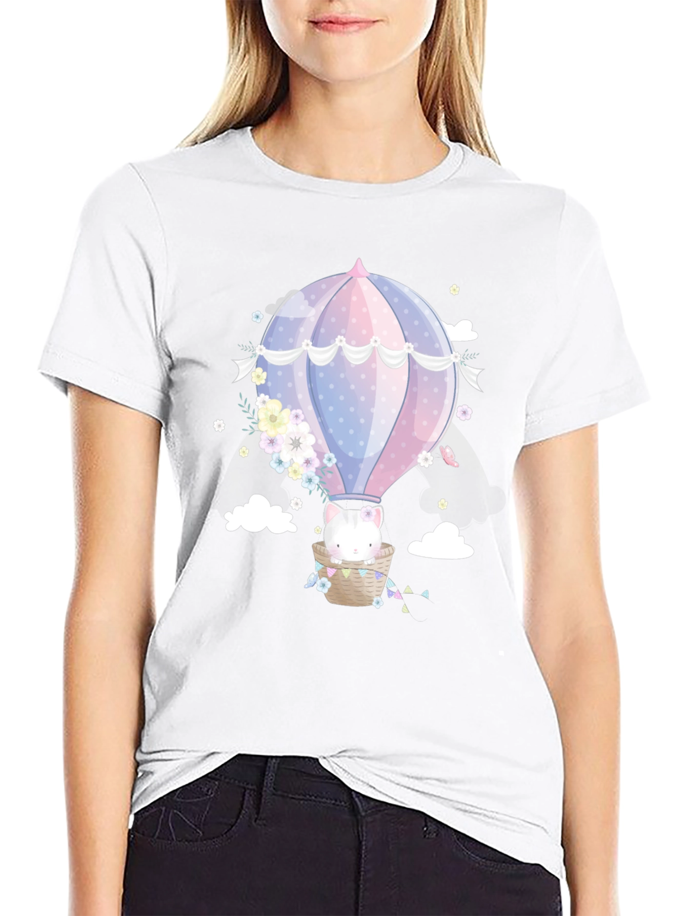 Cute Cat Hot Air Balloon Graphic Tee