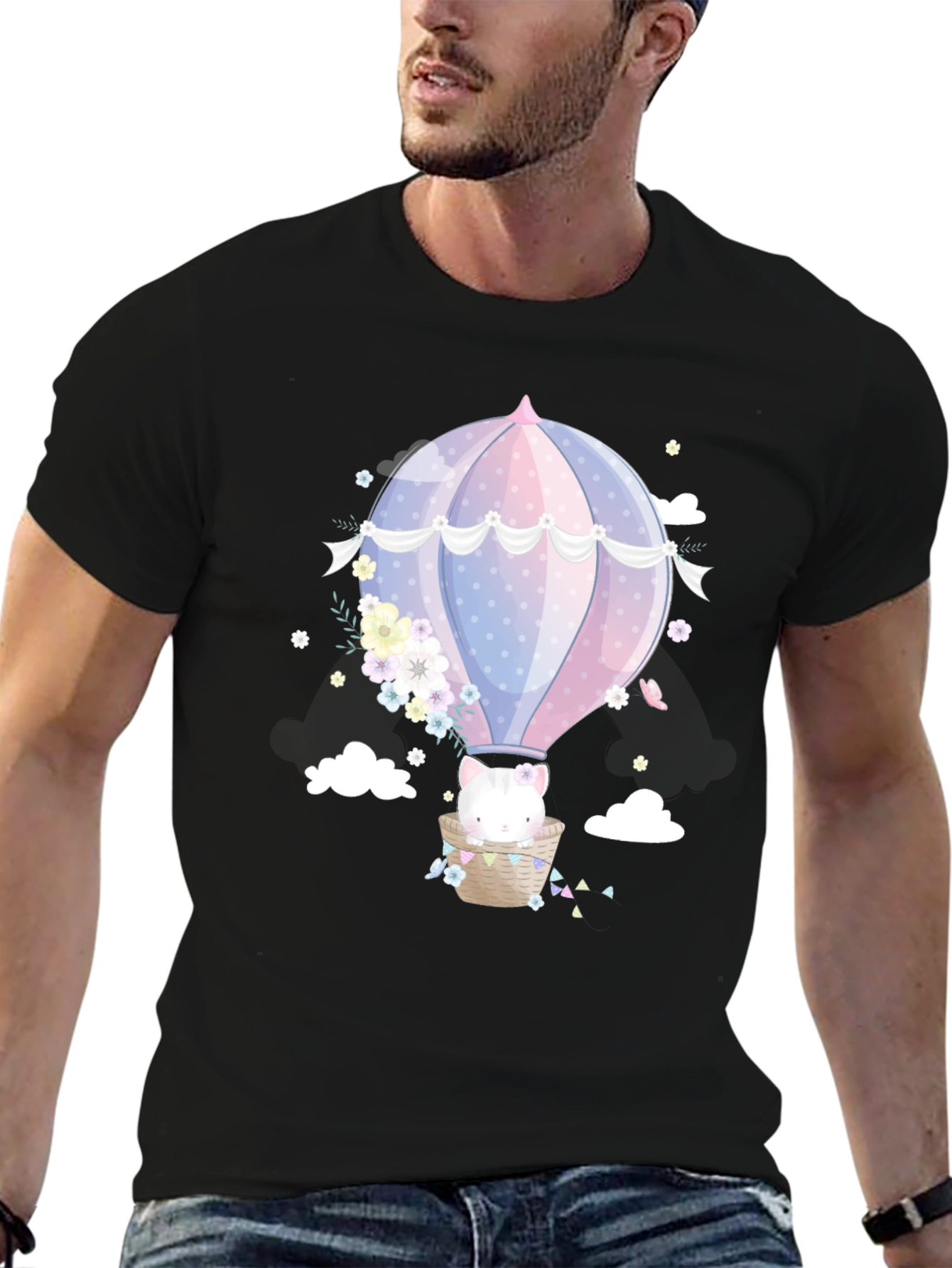 Cute Cat Hot Air Balloon Graphic Tee
