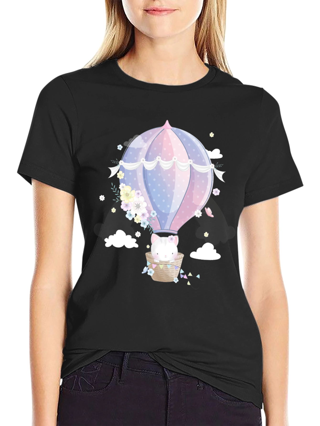Cute Cat Hot Air Balloon Graphic Tee