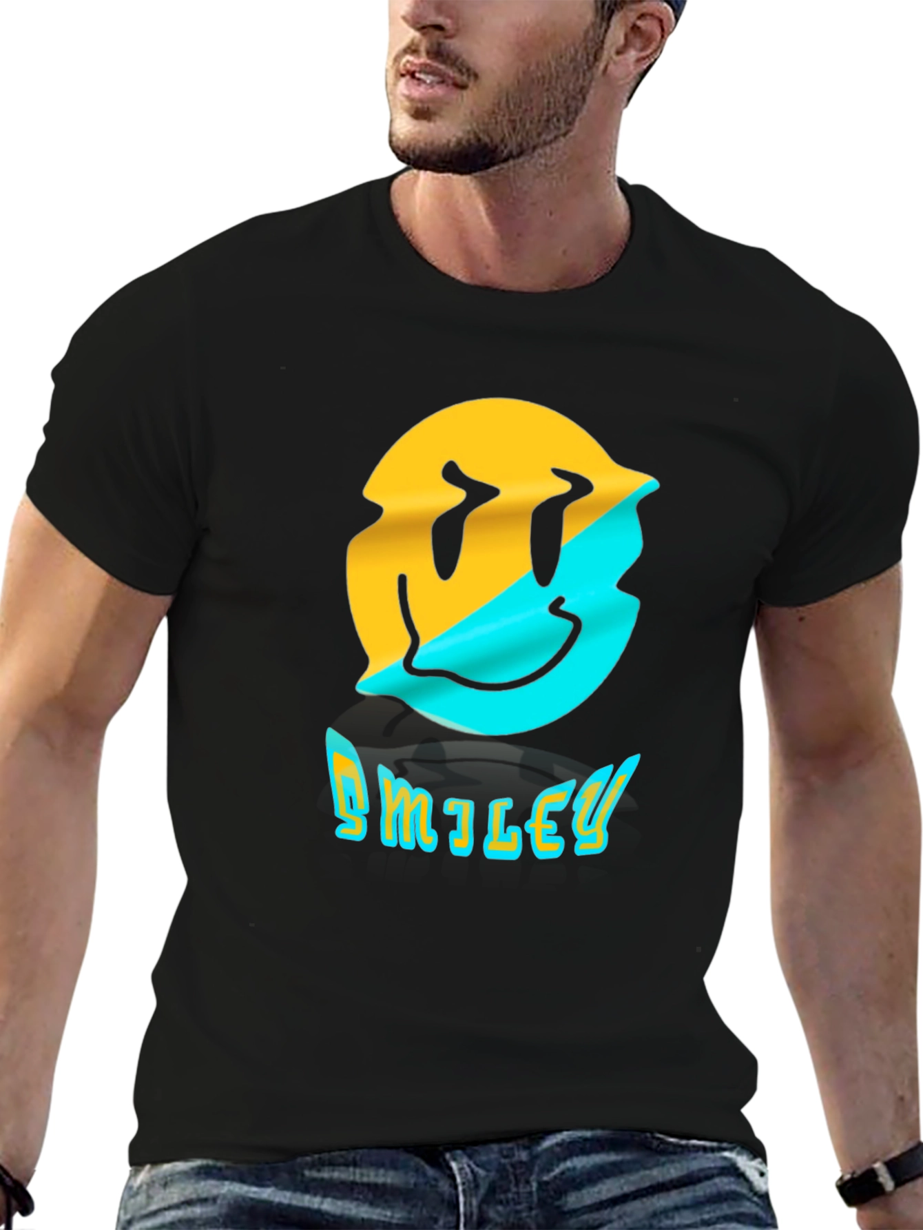 Distorted Smiley Face Graphic T-Shirt - Trendy