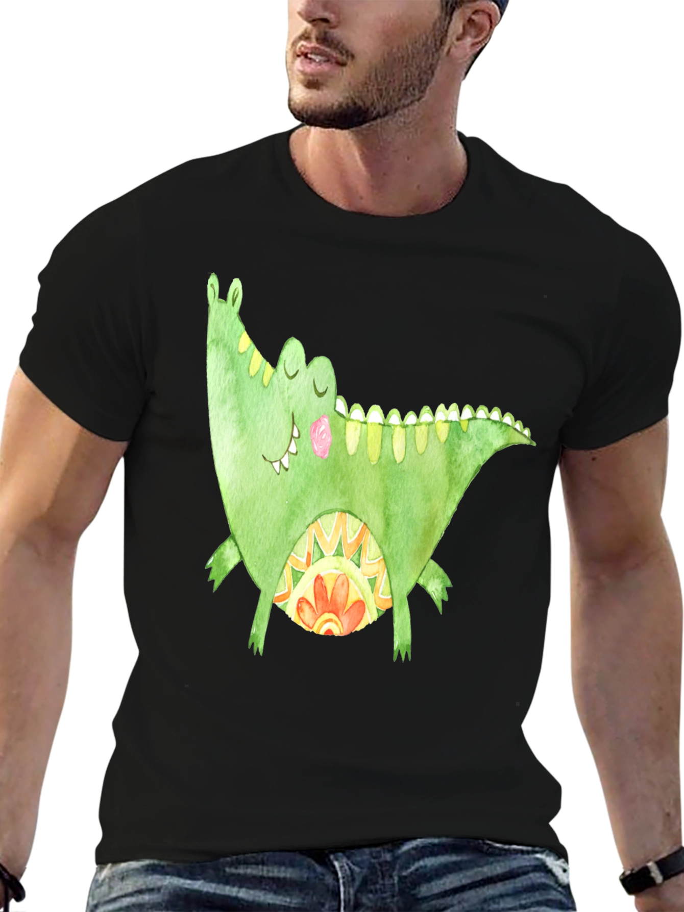 Whimsical Crocodile Graphic T-Shirt - Black