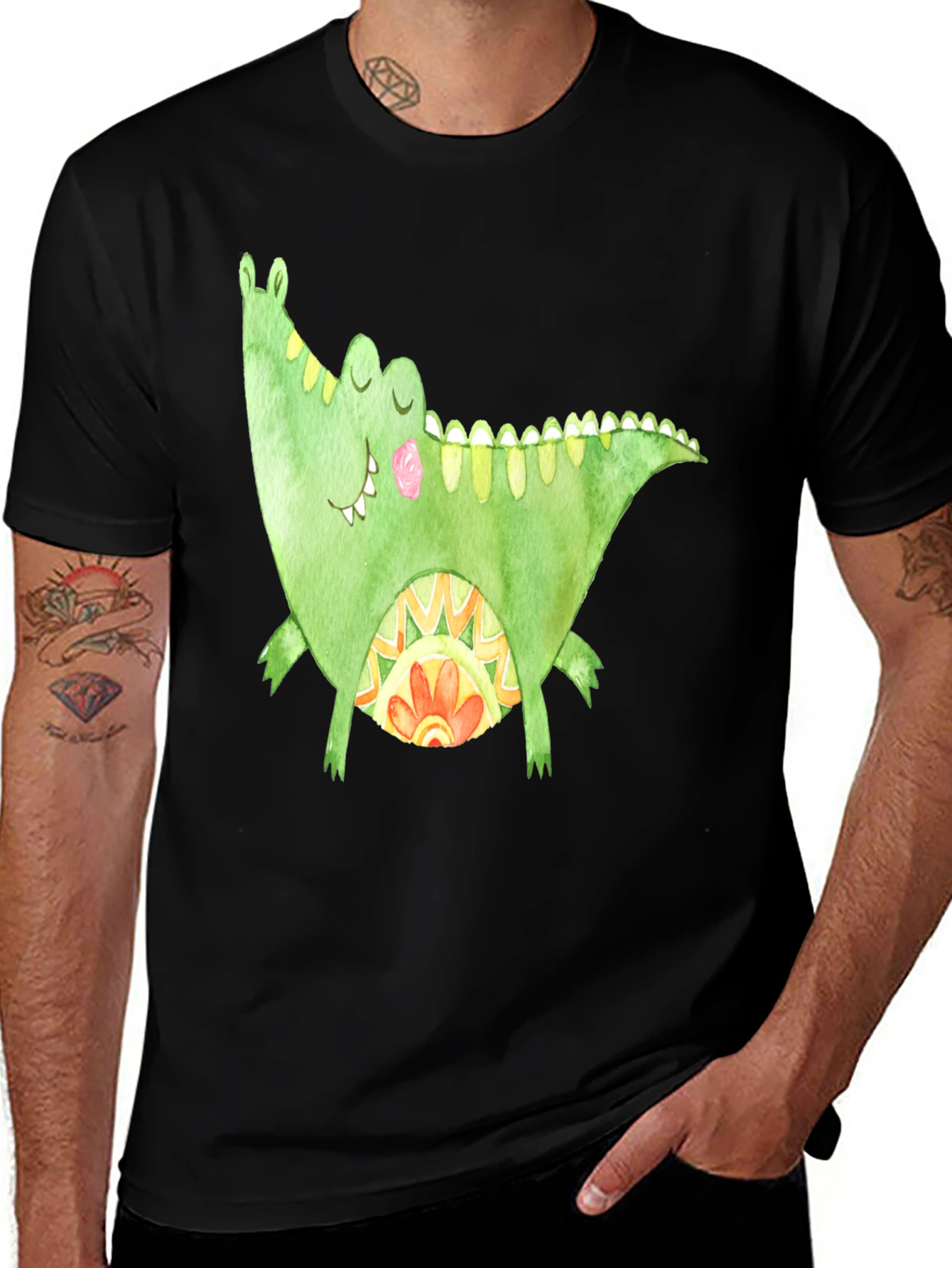 Whimsical Crocodile Graphic T-Shirt - Black