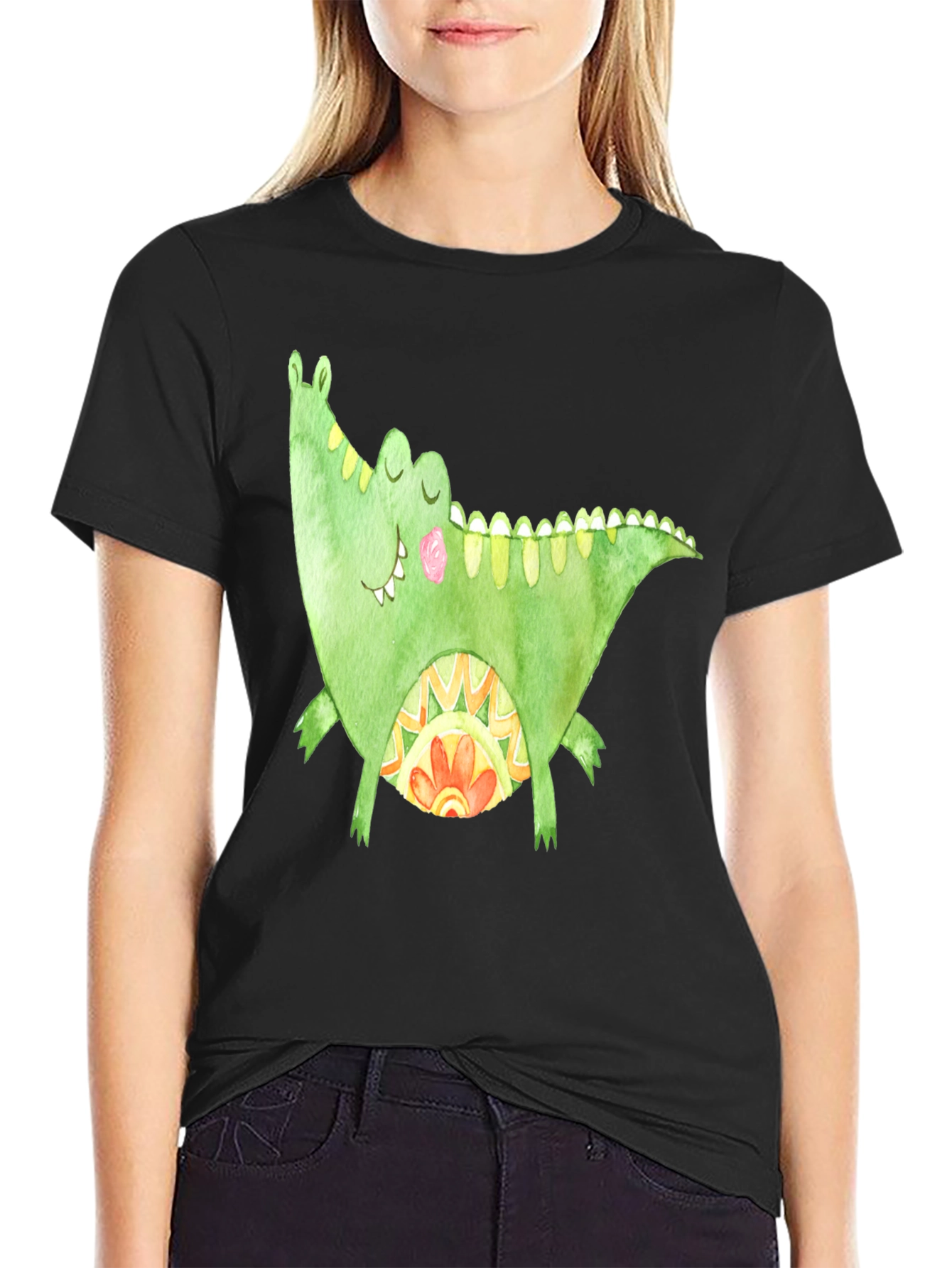 Whimsical Crocodile Graphic T-Shirt - Black