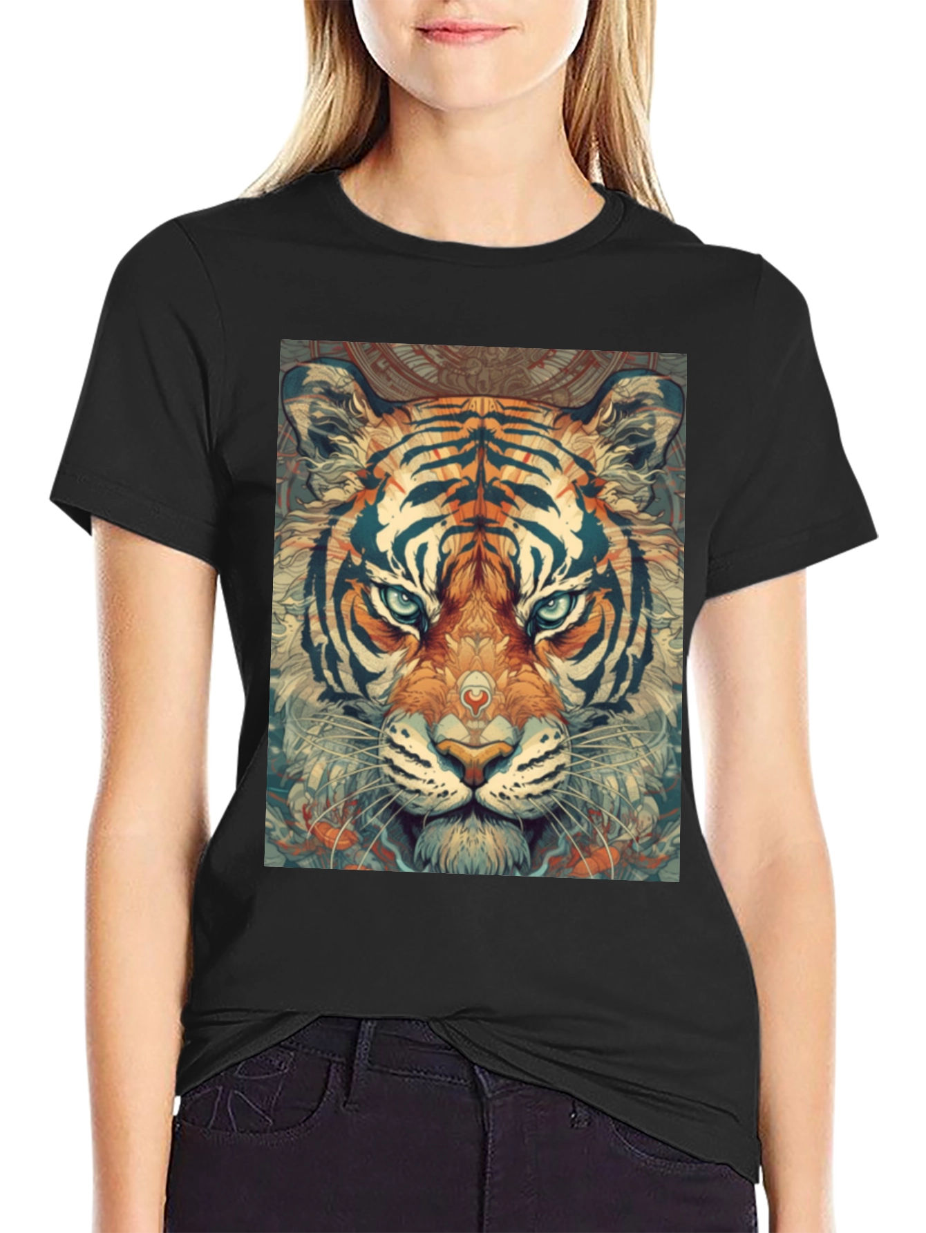 Tiger Graphic Print Black Crew Neck T-Shirt