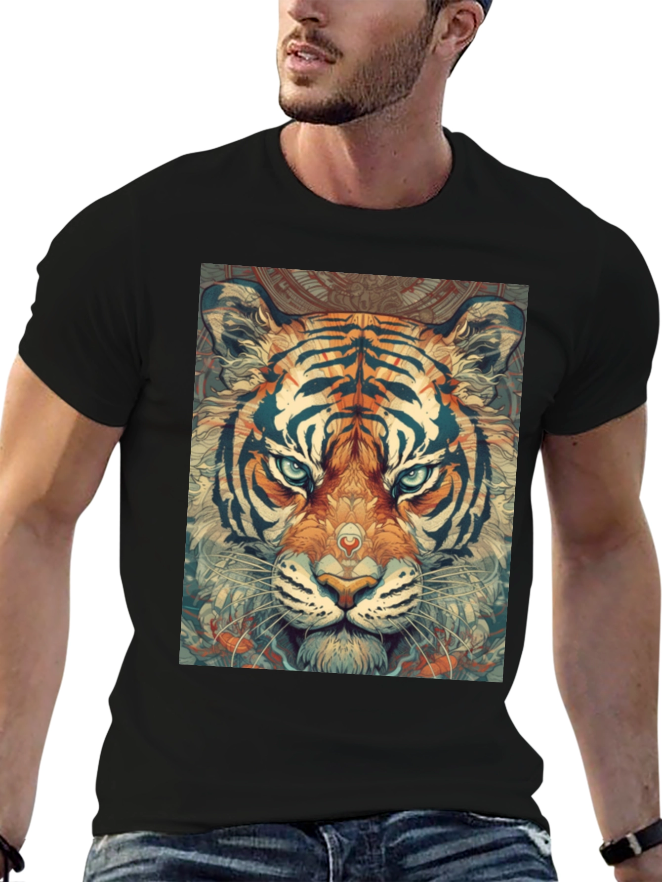 Tiger Graphic Print Black Crew Neck T-Shirt