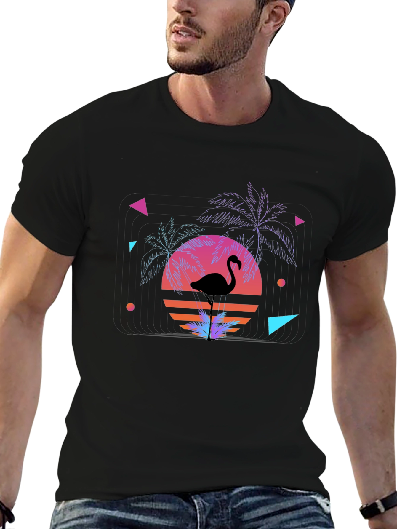 Retro Flamingo Sunset Graphic Tee - Black