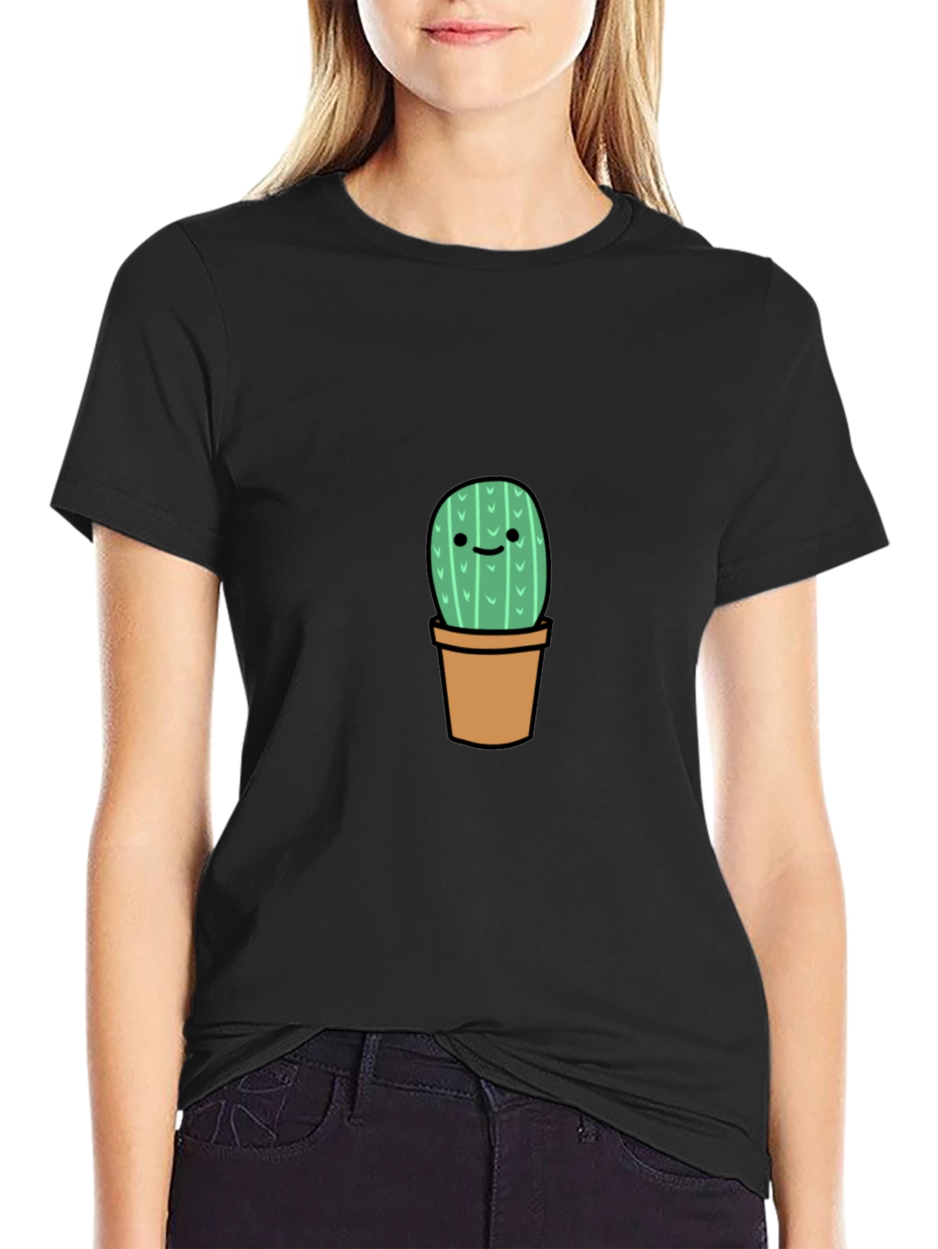 Cute Cactus Graphic Tee - Black Cotton T-Shirt