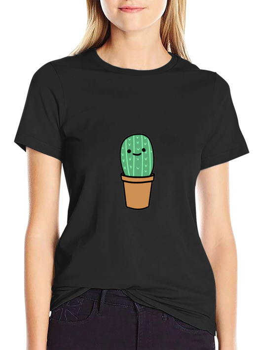 Cute Cactus Graphic Tee - Black Cotton T-Shirt