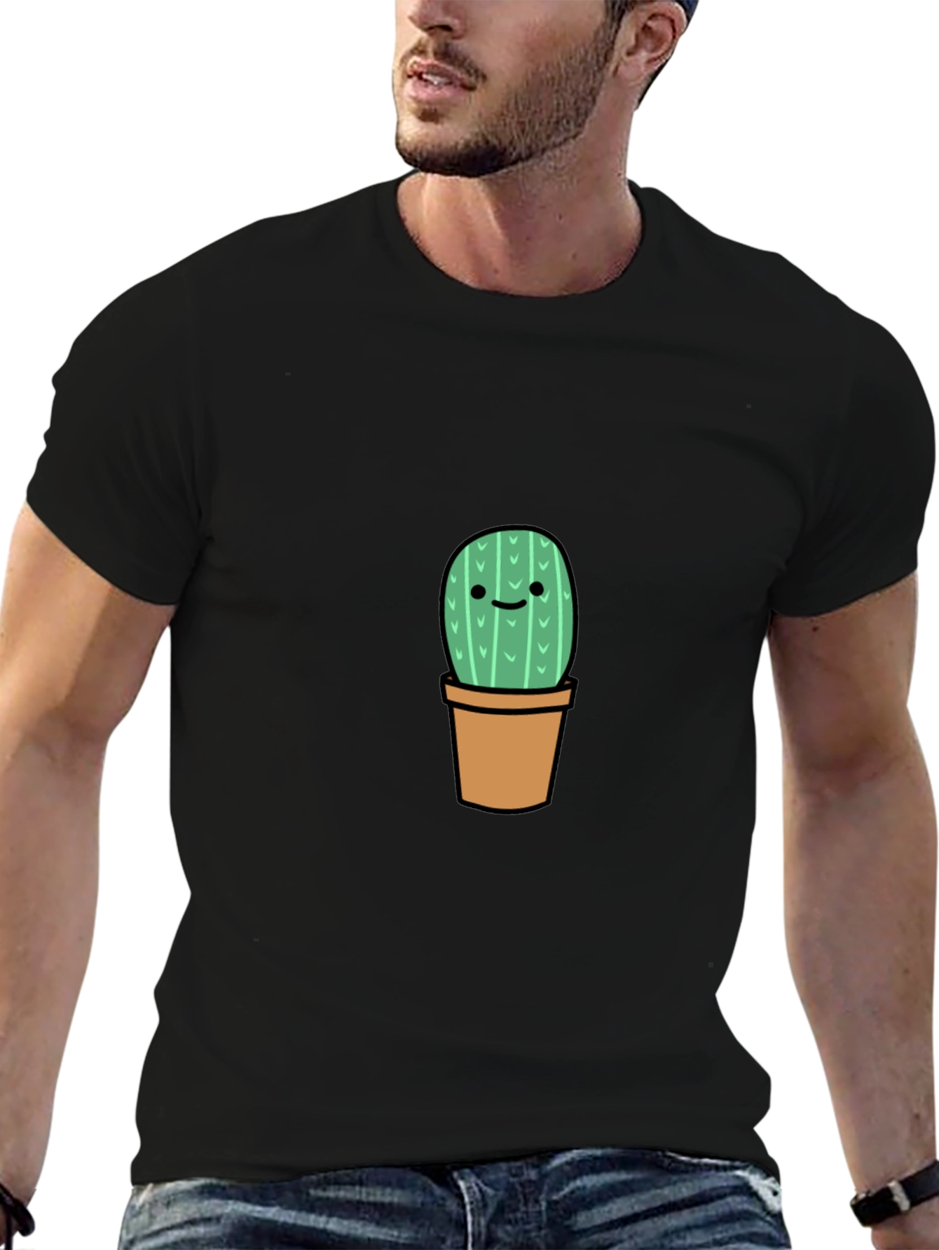 Cute Cactus Graphic Tee - Black Cotton T-Shirt