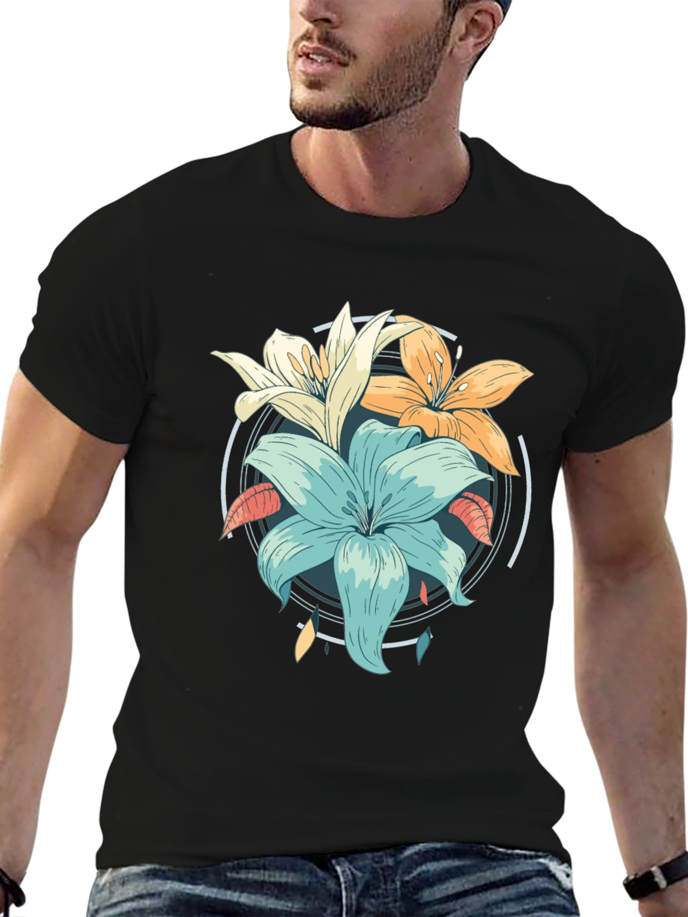 Floral Graphic Print Black T-Shirt