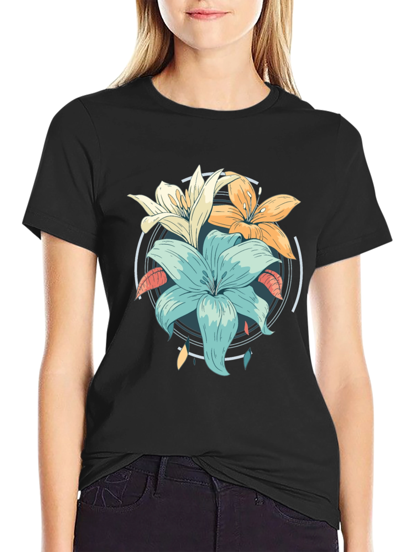 Floral Graphic Print Black T-Shirt