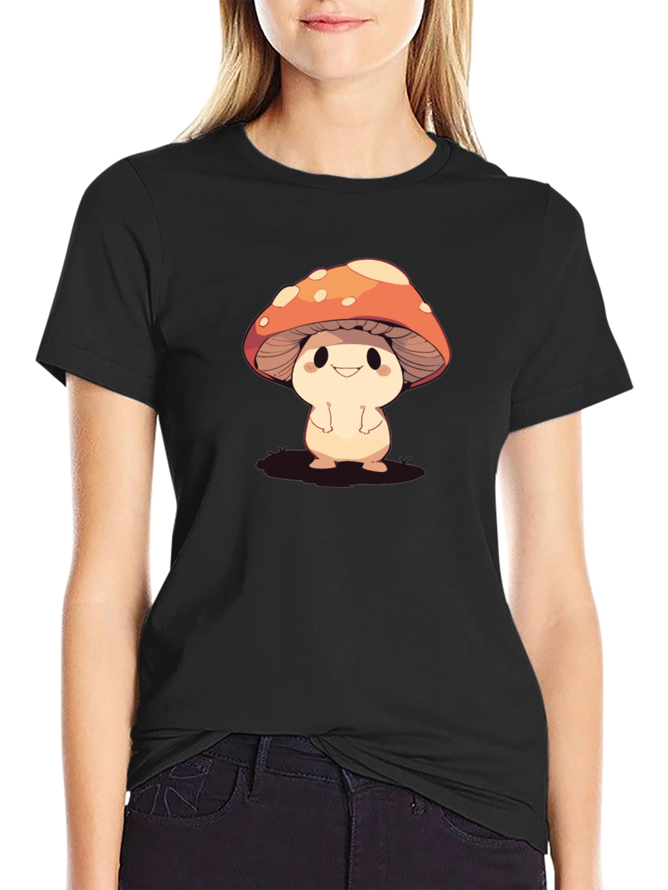 Cute Mushroom Graphic Black T-Shirt