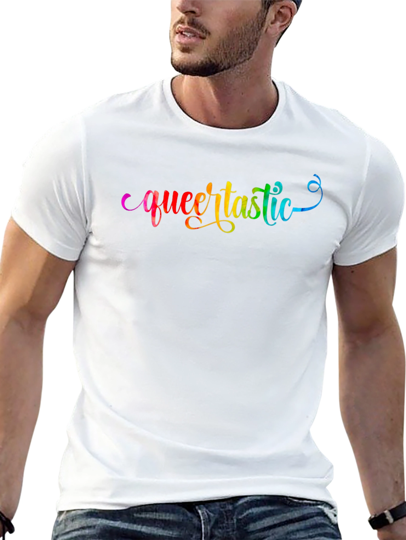 Queertastic Black T-Shirt - Pride Rainbow Text