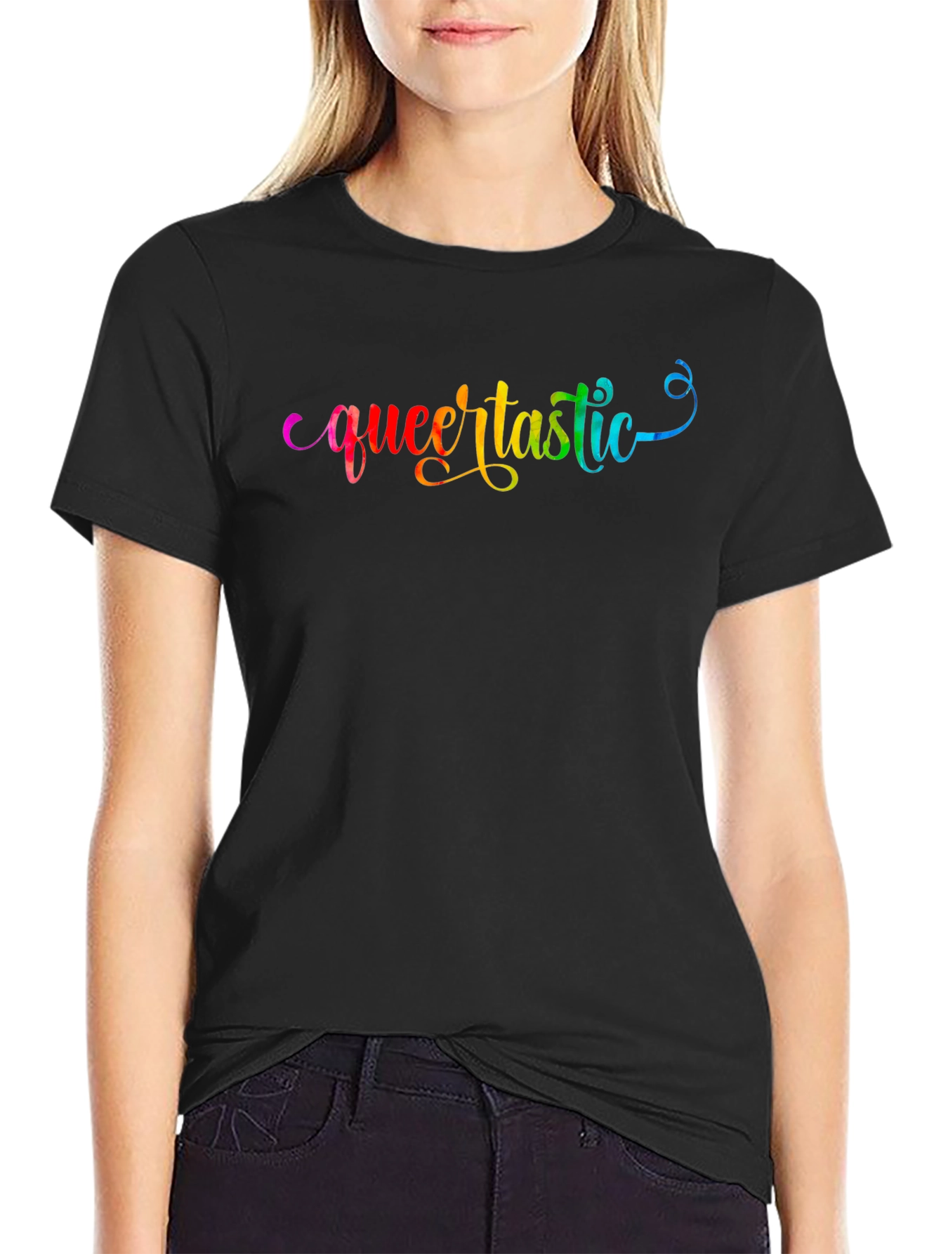 Queertastic Black T-Shirt - Pride Rainbow Text