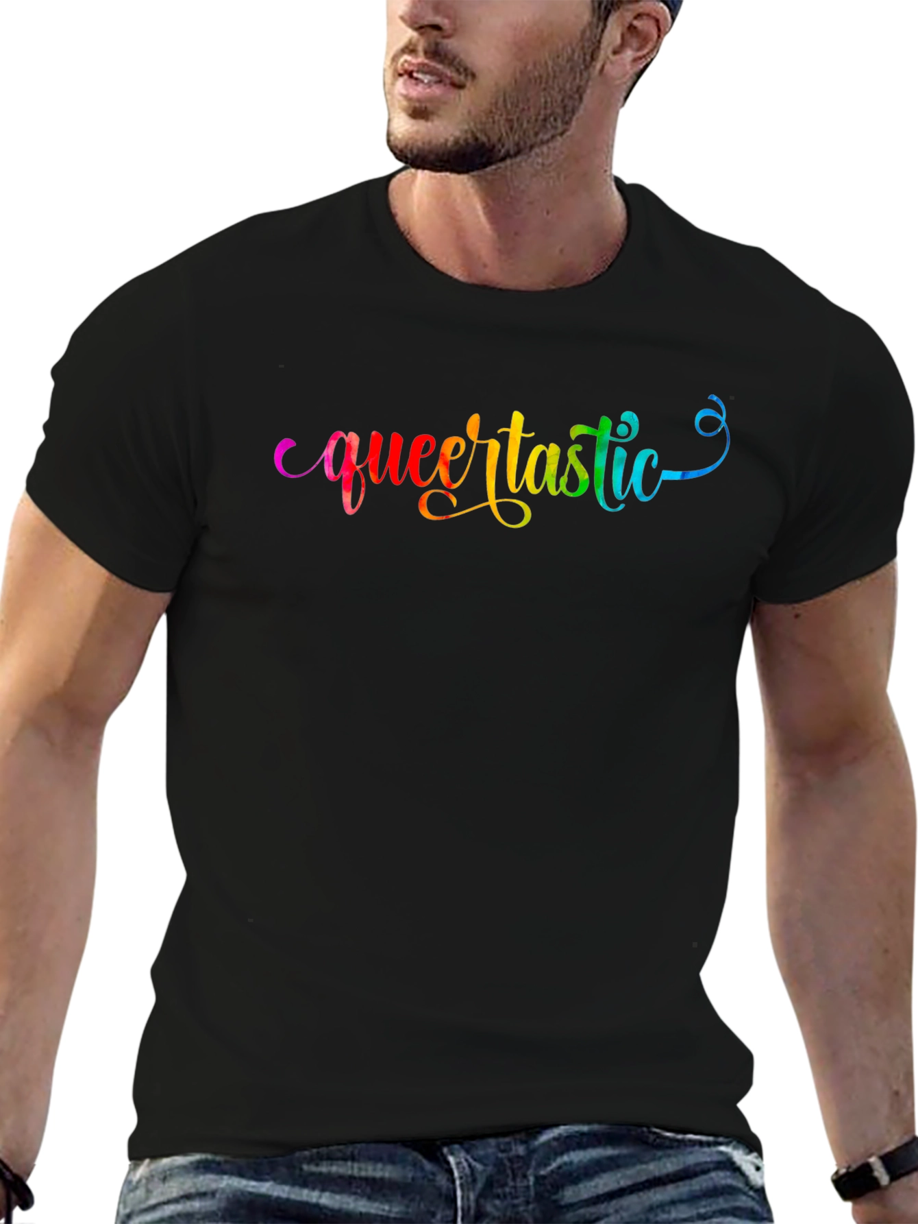 Queertastic Black T-Shirt - Pride Rainbow Text