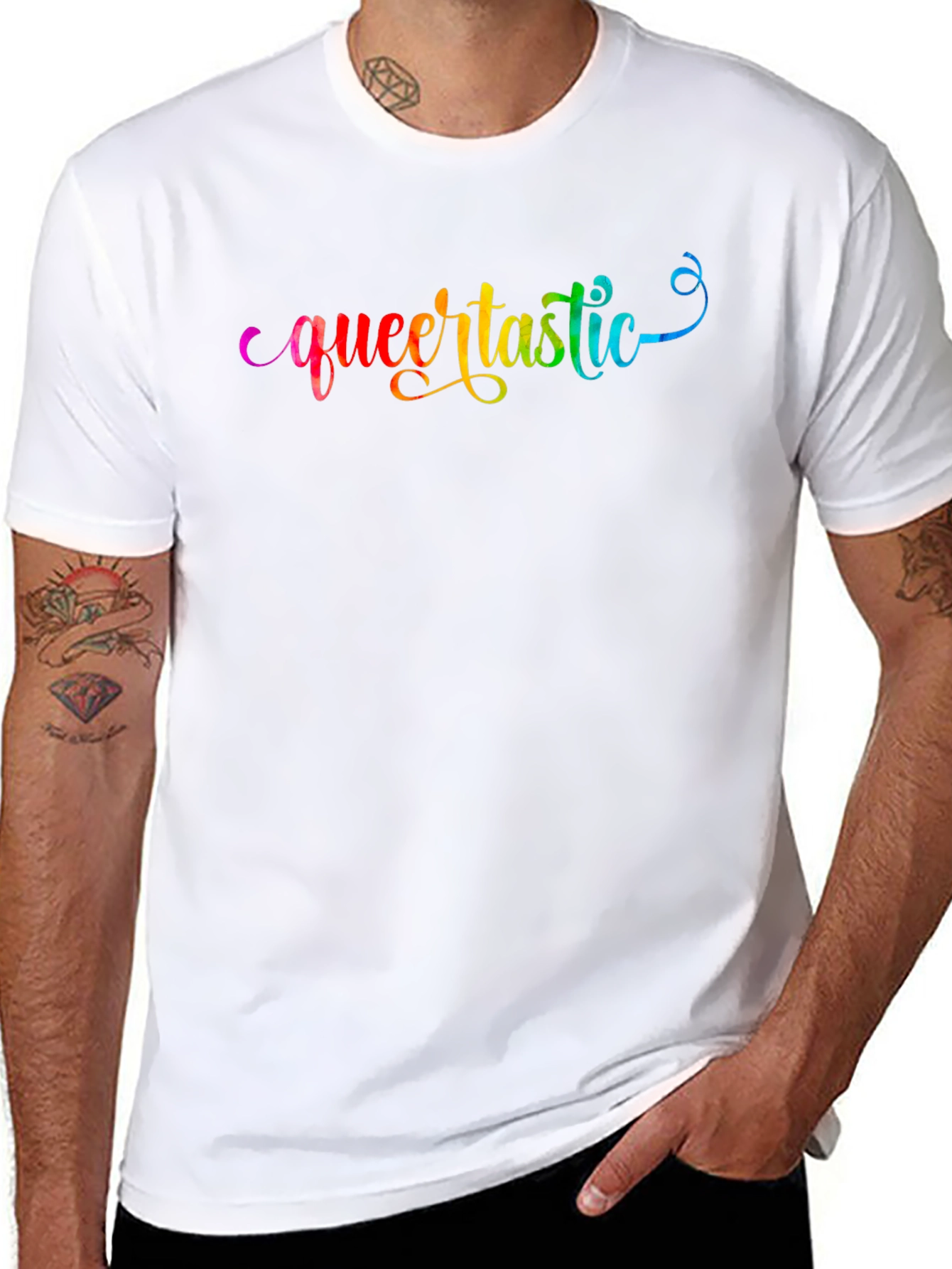 Queertastic Black T-Shirt - Pride Rainbow Text