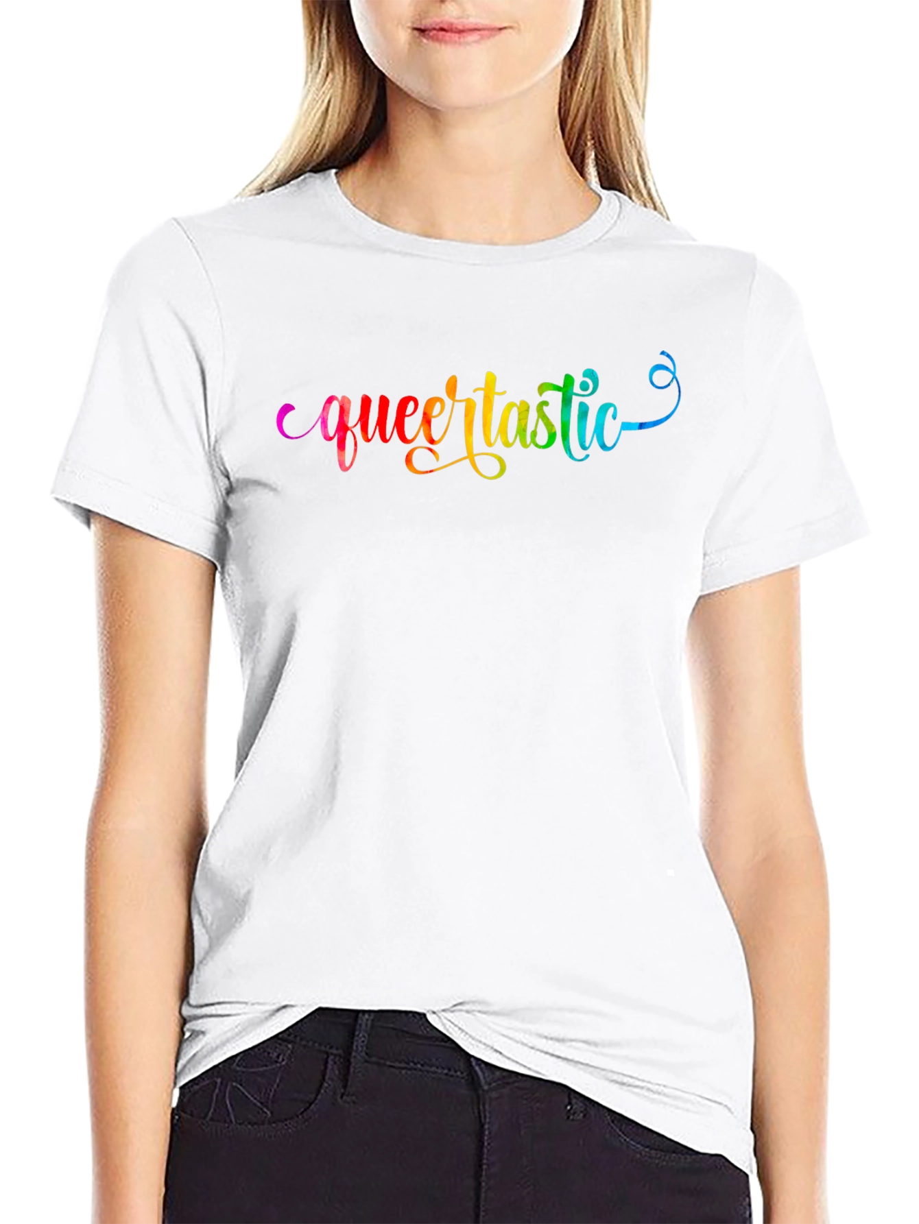 Queertastic Black T-Shirt - Pride Rainbow Text