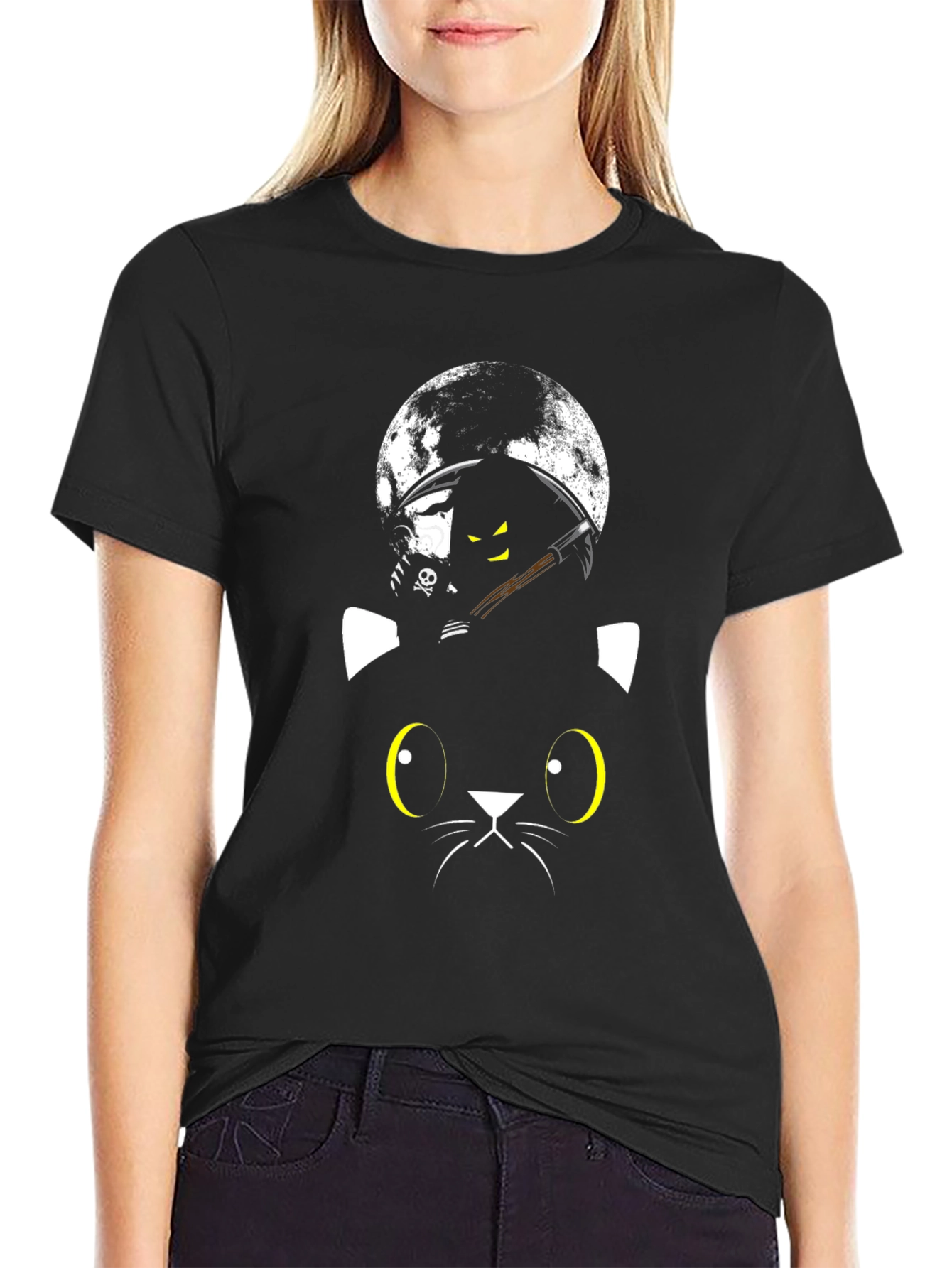 Black Cat Grim Reaper Moon T-Shirt - Halloween Style