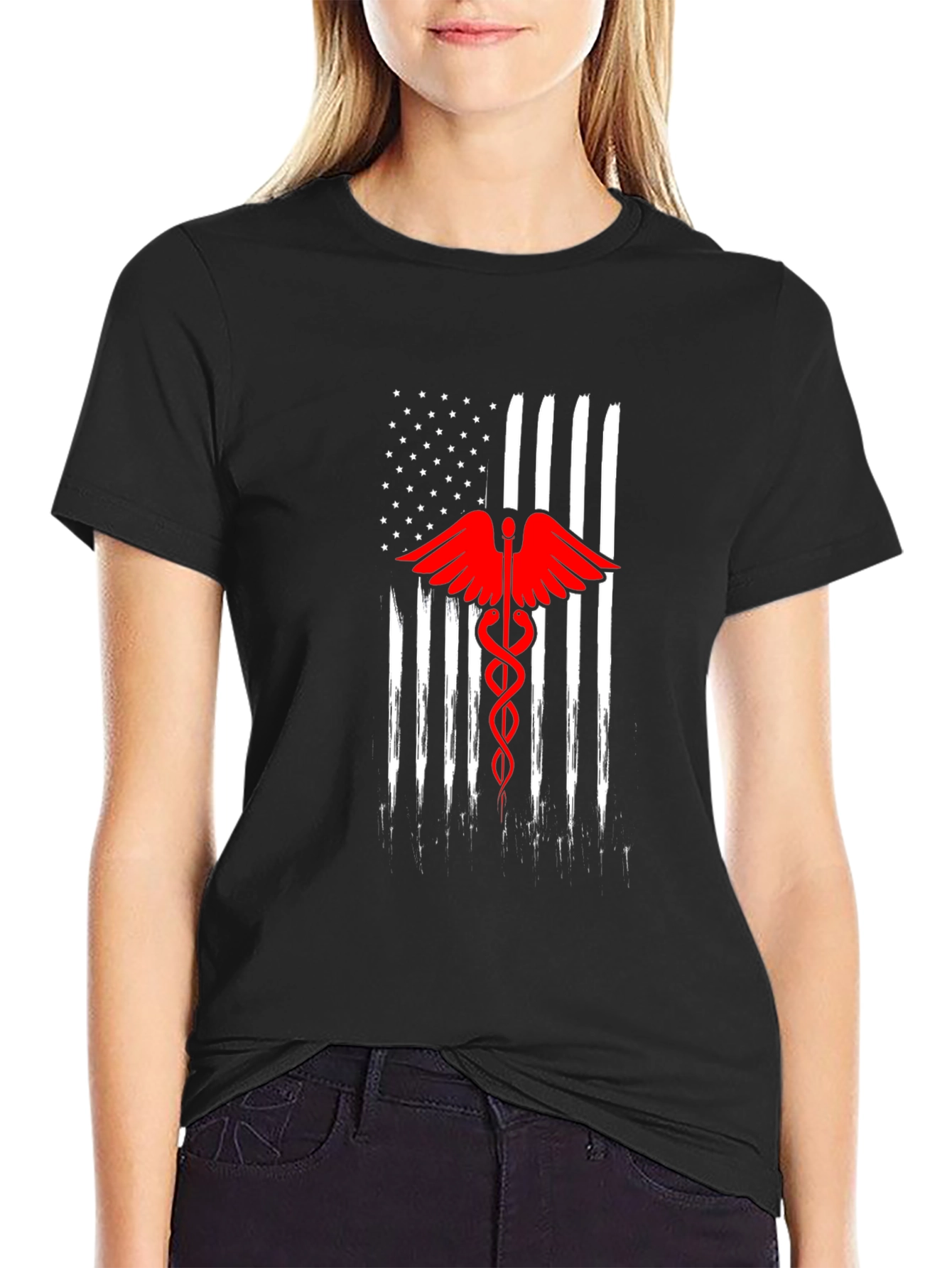 American Flag Caduceus Black T-Shirt
