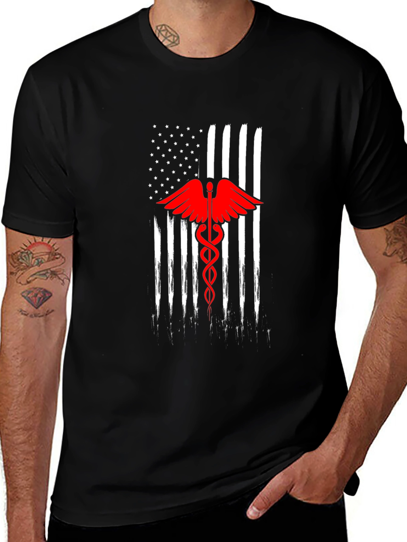 American Flag Caduceus Black T-Shirt