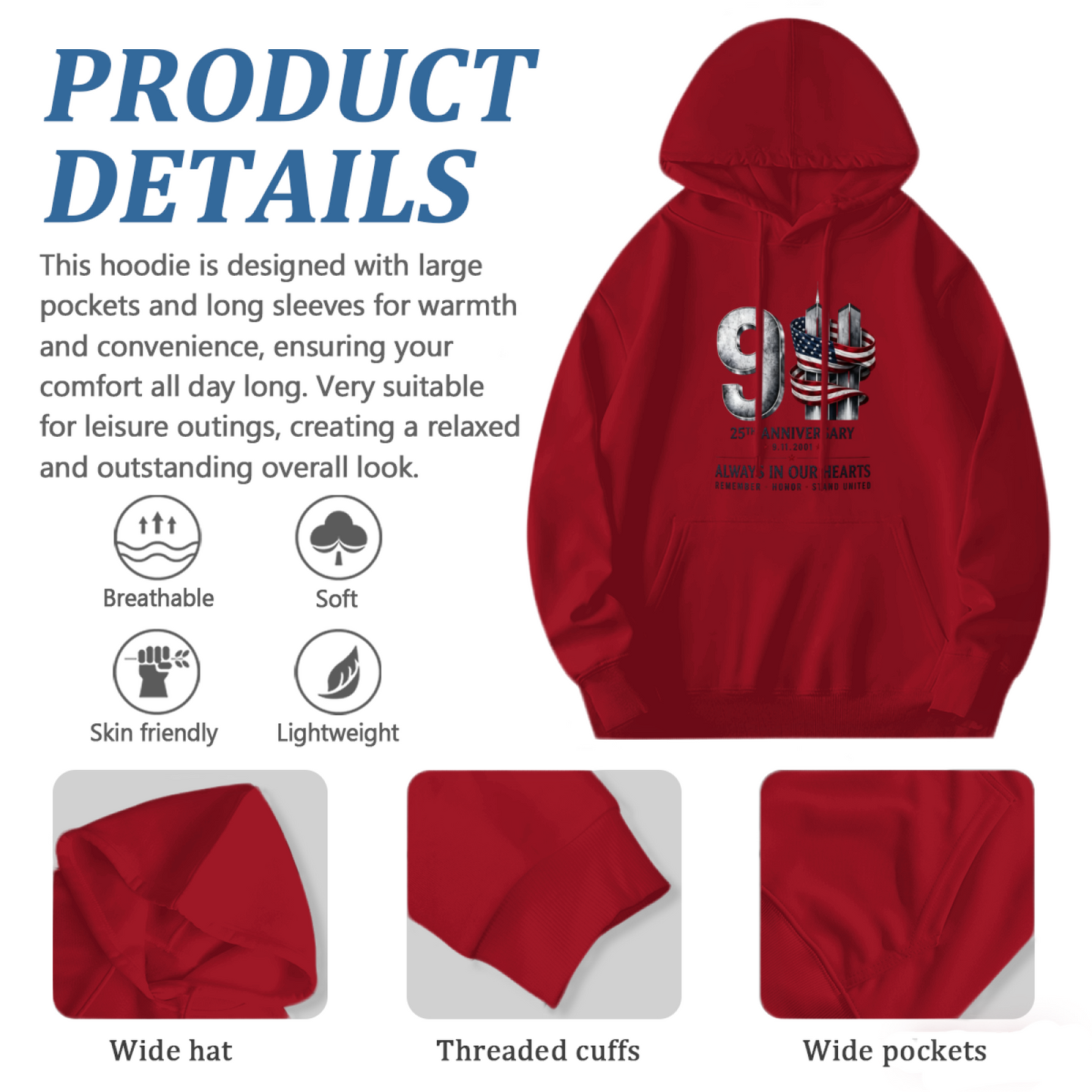 25th Anniversary Always In Our Hearts 9/11 Patriotic Red Hoodie