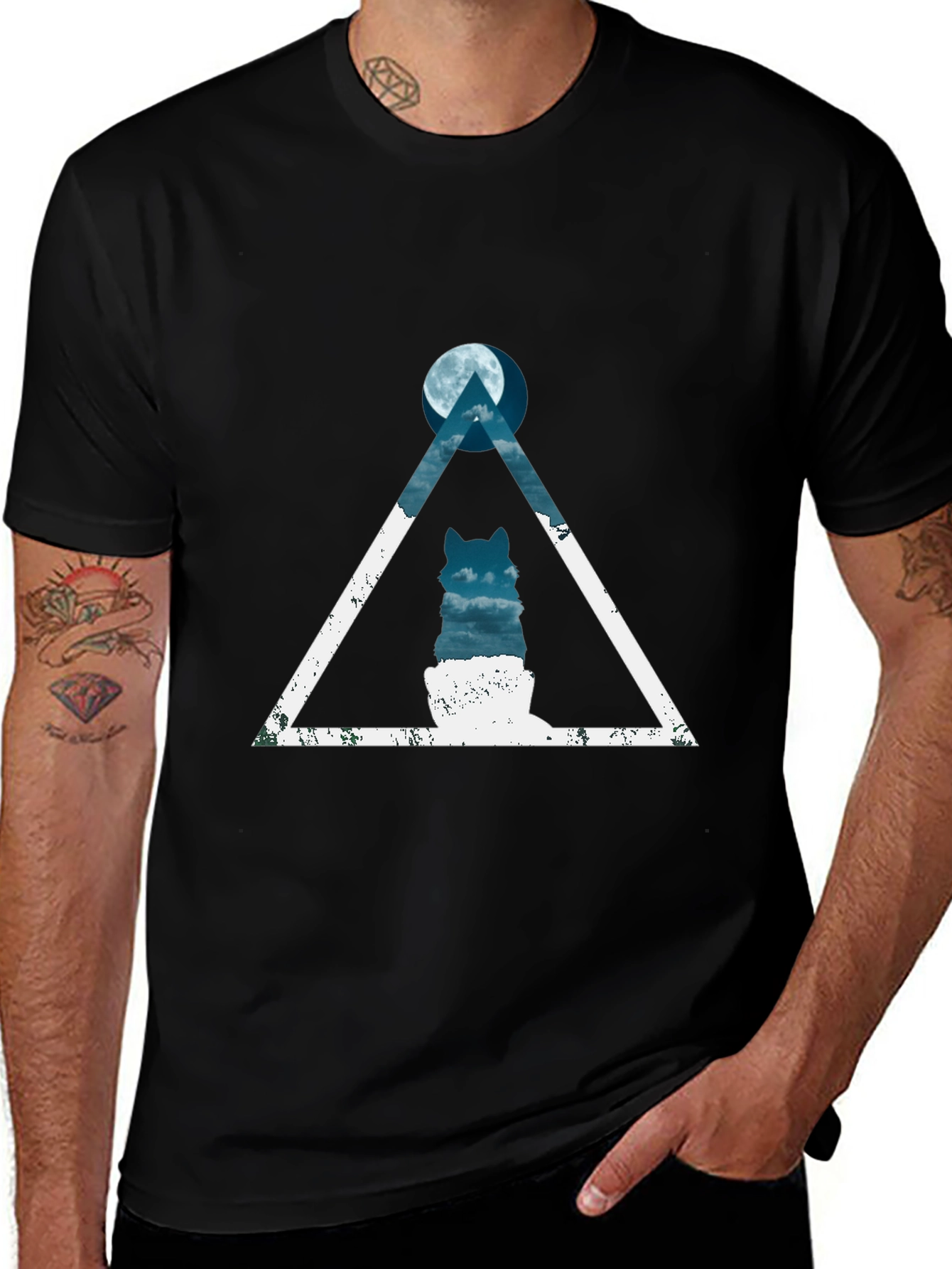 Geometric Wolf Moon Graphic Tee - Black Cotton