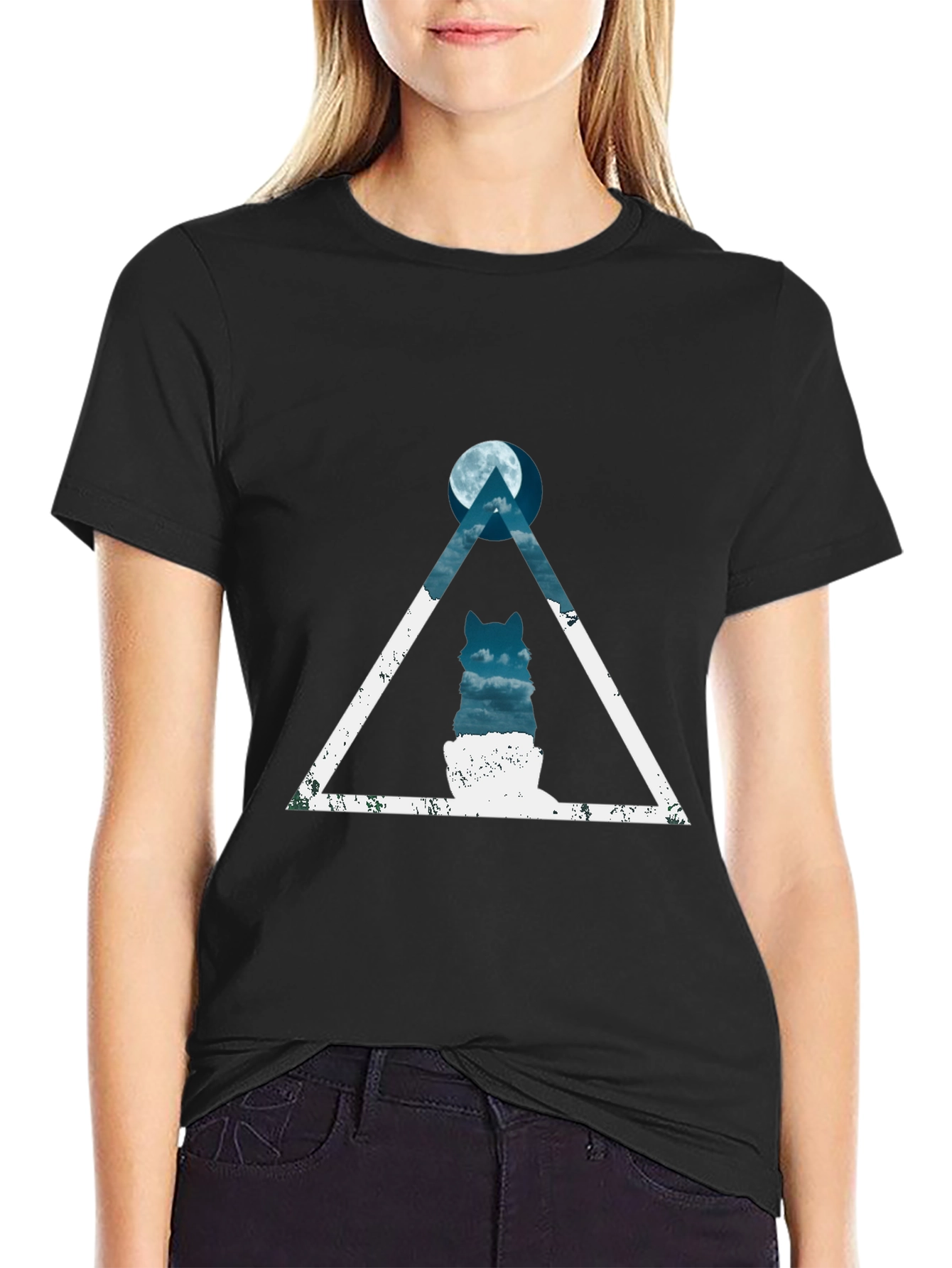 Geometric Wolf Moon Graphic Tee - Black Cotton