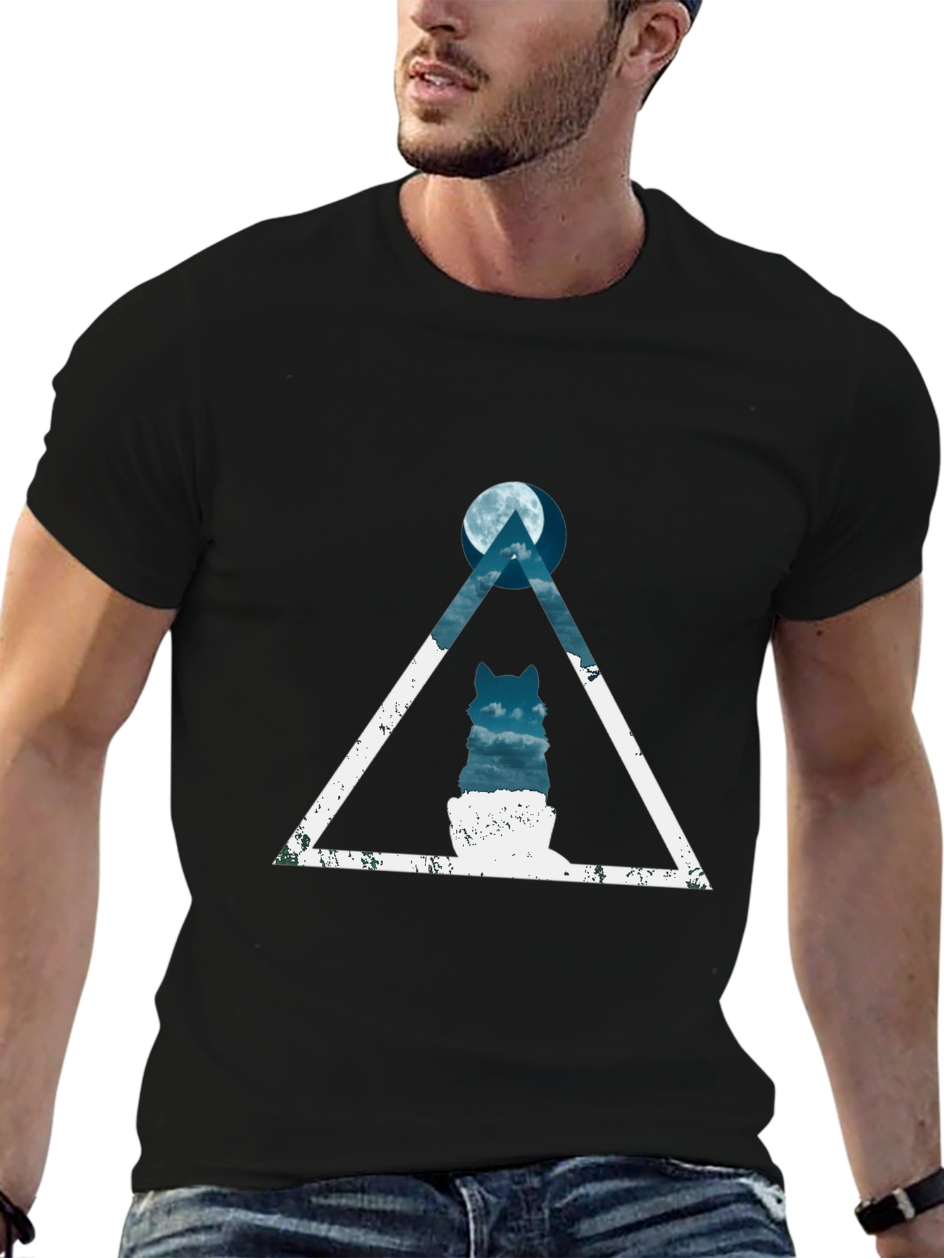 Geometric Wolf Moon Graphic Tee - Black Cotton