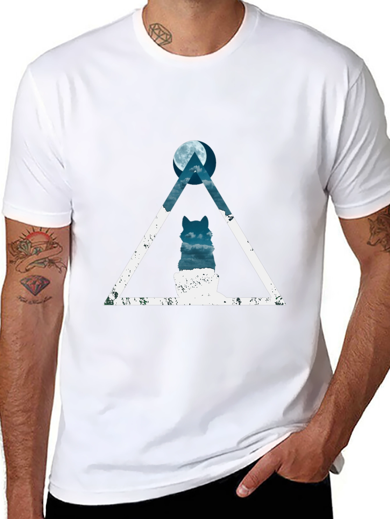 Geometric Wolf Moon Graphic Tee - Black Cotton