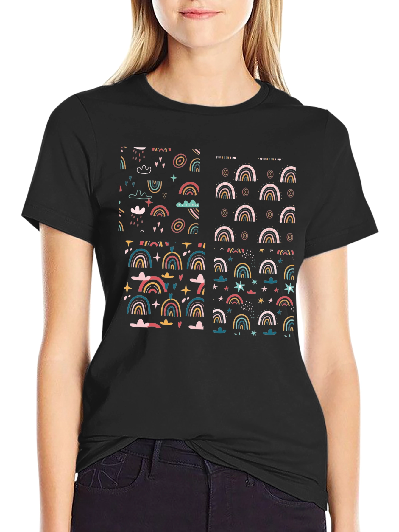 Rainbow Patterned Black T-Shirt
